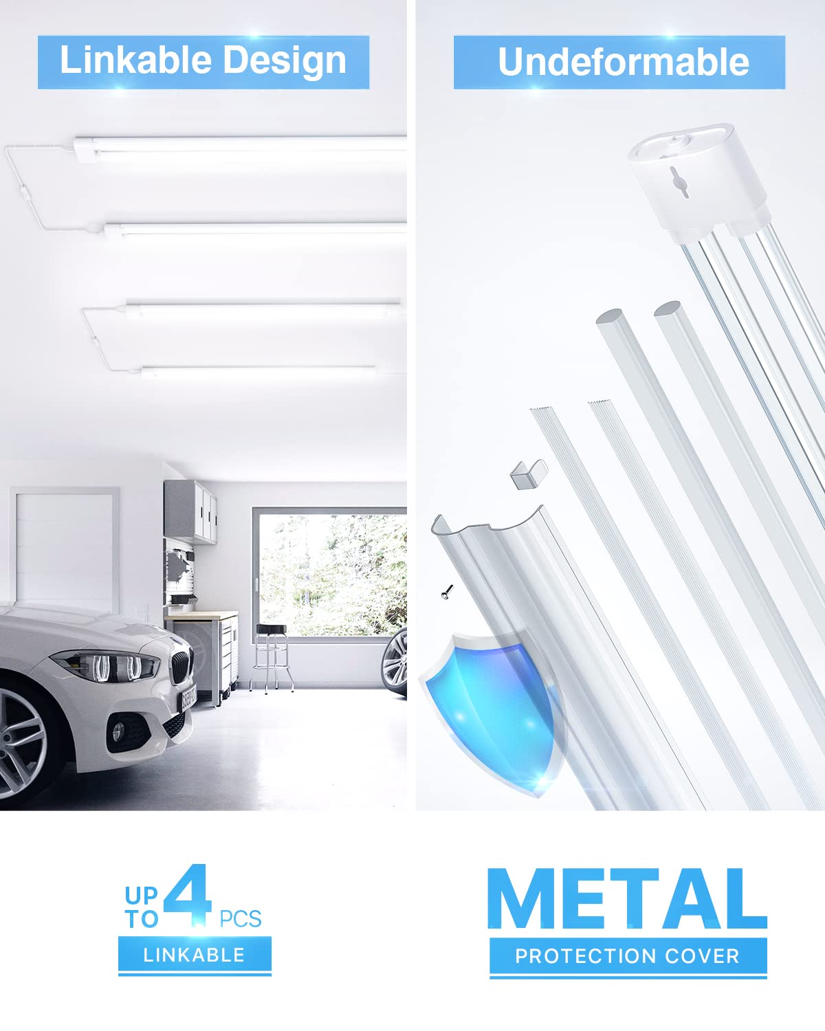 Ensenior 4FT LED Shop Lights with Reflector, 4-Pack Linkable 5000K Daylight Integrated Fixture for Garage & Workbench, Surface &