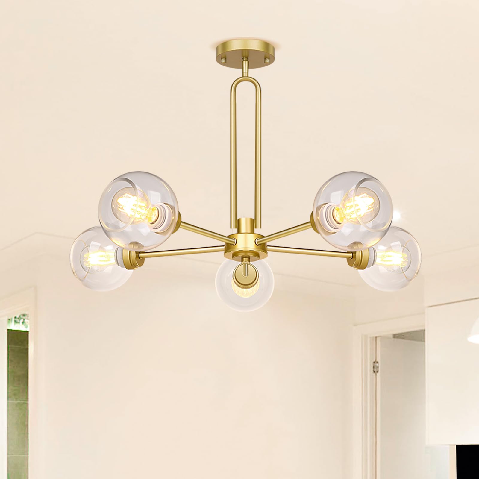 Globe Chandelier Pendant Modern Gold Large Semi-Flush Ceiling Light, Clear Glass, 5-Light, Sputnik - Ideal For Kitchen, Living R
