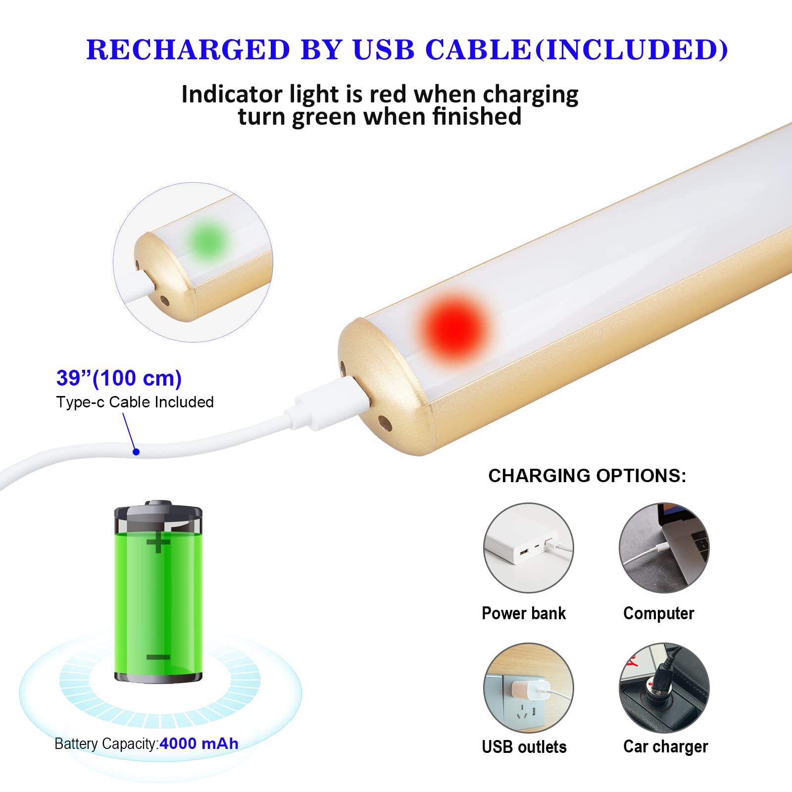 ZOCALOK Rechargeable Picture Light, 16 LEDs, 3 Modes, 300LM, Metal, Gold, Model Z22-PL-Gold, Cordless with 2 Remotes