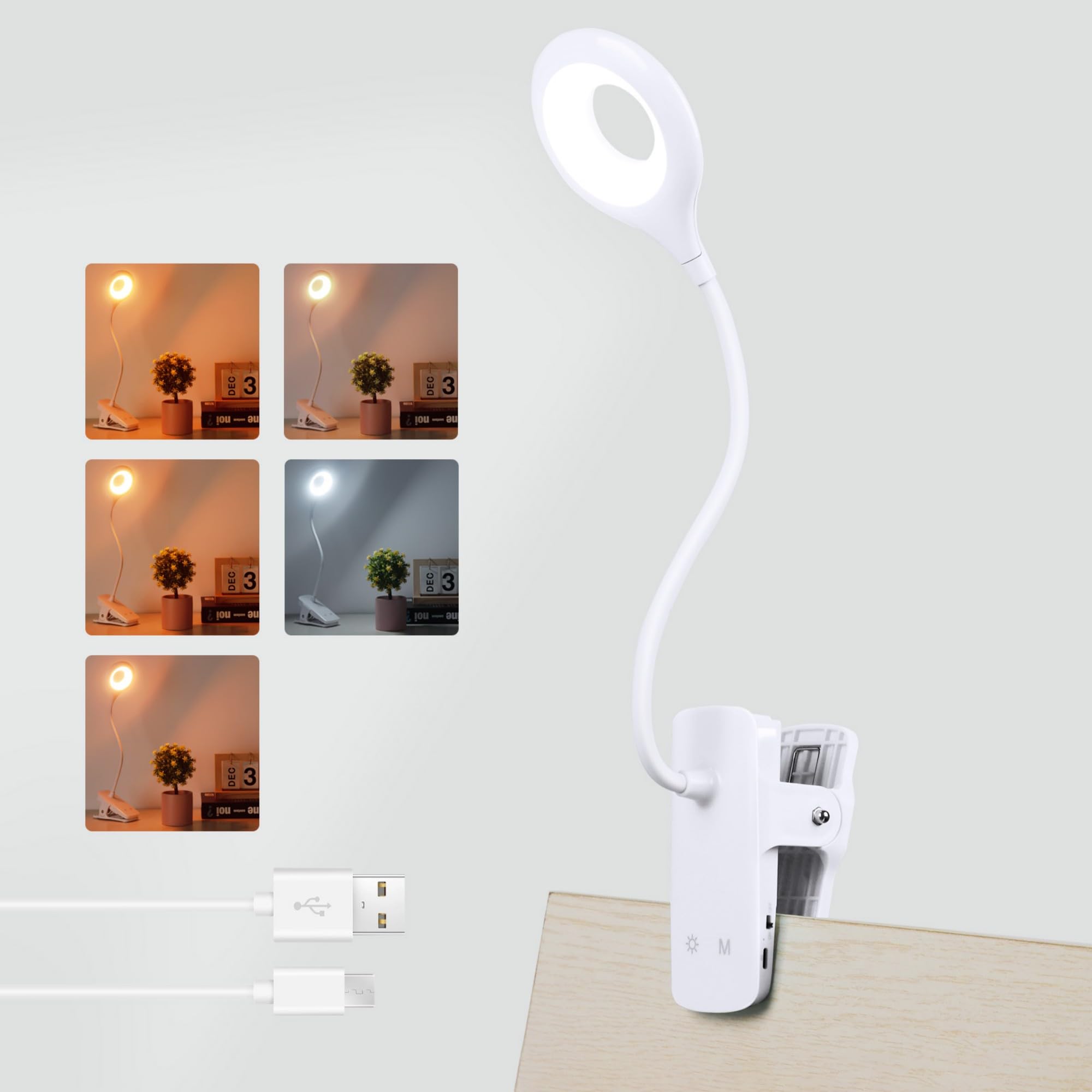 Akynite Desk Lamp LED Clip on Light, 5 Modes 5 Brightness Dimmable Clamp Lamp, Flexible Rechargeable Battery Clip on Reading Lig