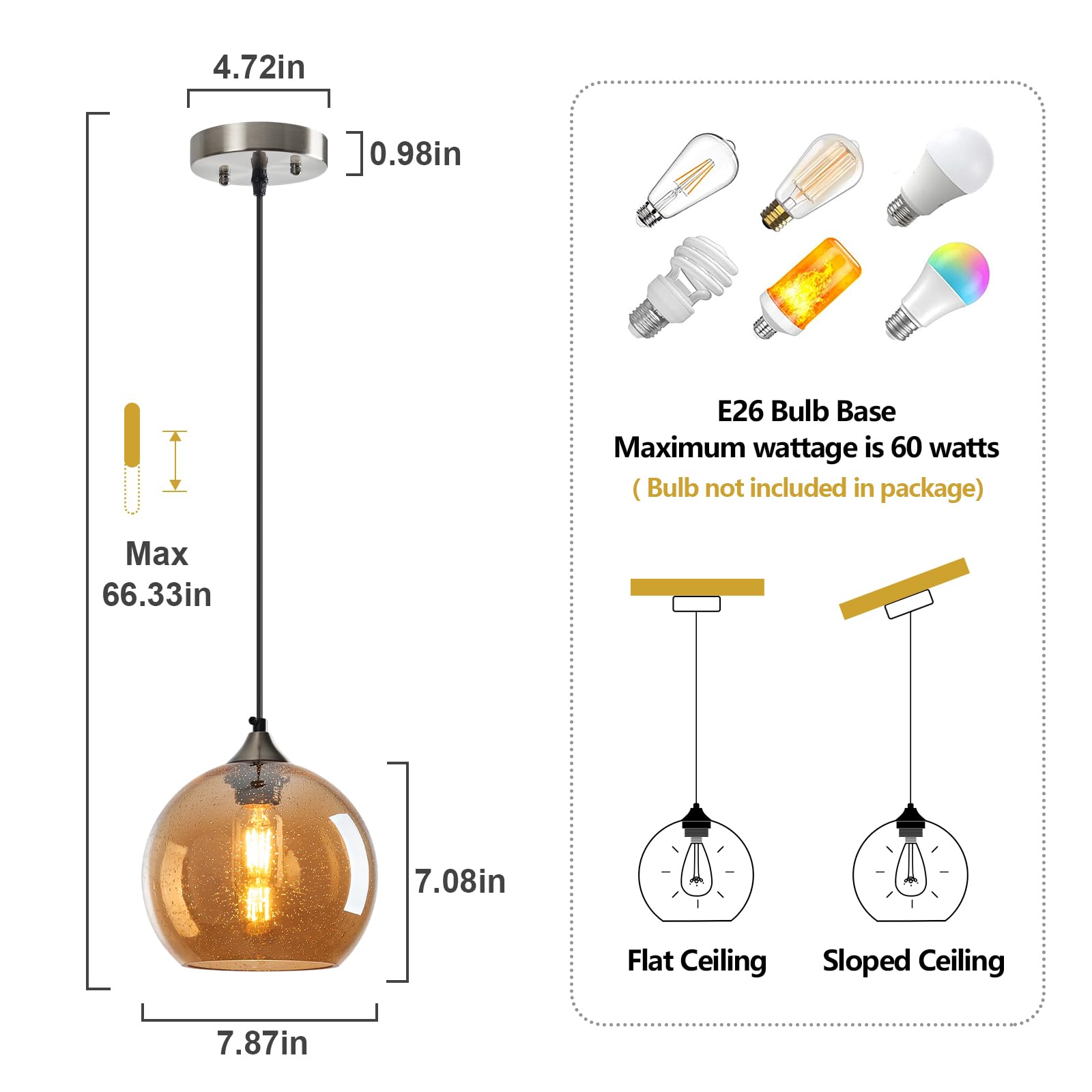 LBSQJ Amber Glass Pendant Lights - Modern Globe Lighting for Kitchen Island, Bedroom, Dining Room - 7.87in, 3 Pack, Model LBSQJ-460