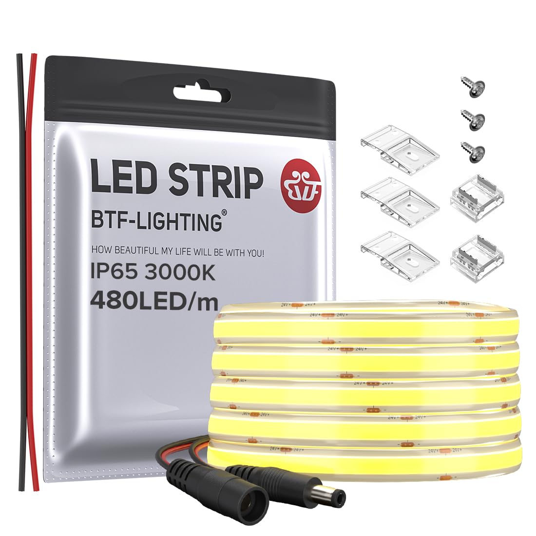 BTF-LIGHTING FCOB COB LED Strip IP65 480LED/m Flexible High Density Uniform Light 9W/m 16.4FT DC24V Warm White 3000K CRI 90+ 8mm