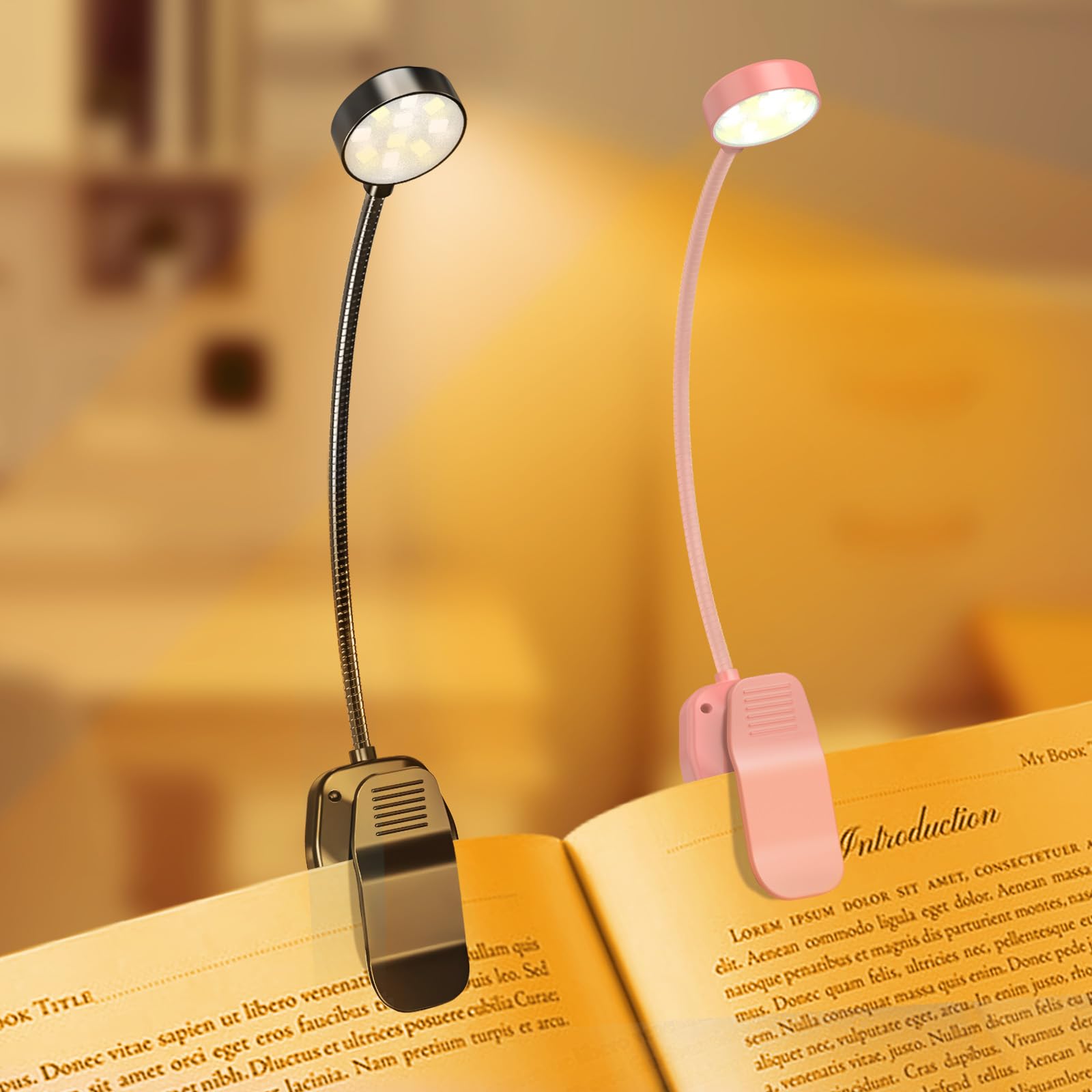 KTEBO Rechargeable Book Reading Light - Adjustable Brightness, 3 Color Temperatures, 30+ Hours Runtime, Black & Pink, Model BHLBL-3