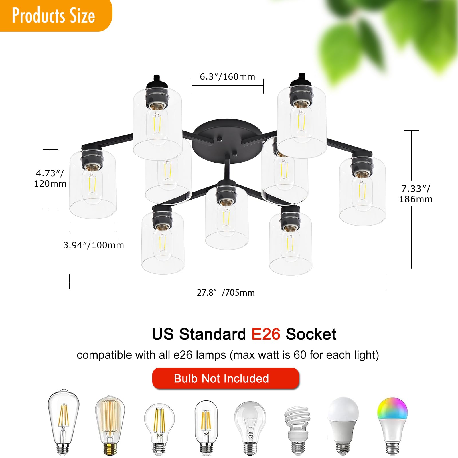 9 Light Kitchen Lighting Fixtures Ceiling Black Semi Flush Mount Ceiling Light Fixture Large Living Room Lighting Cieling Lamps For Dining Room Living Room Light Fixture With Clear Glass Shades