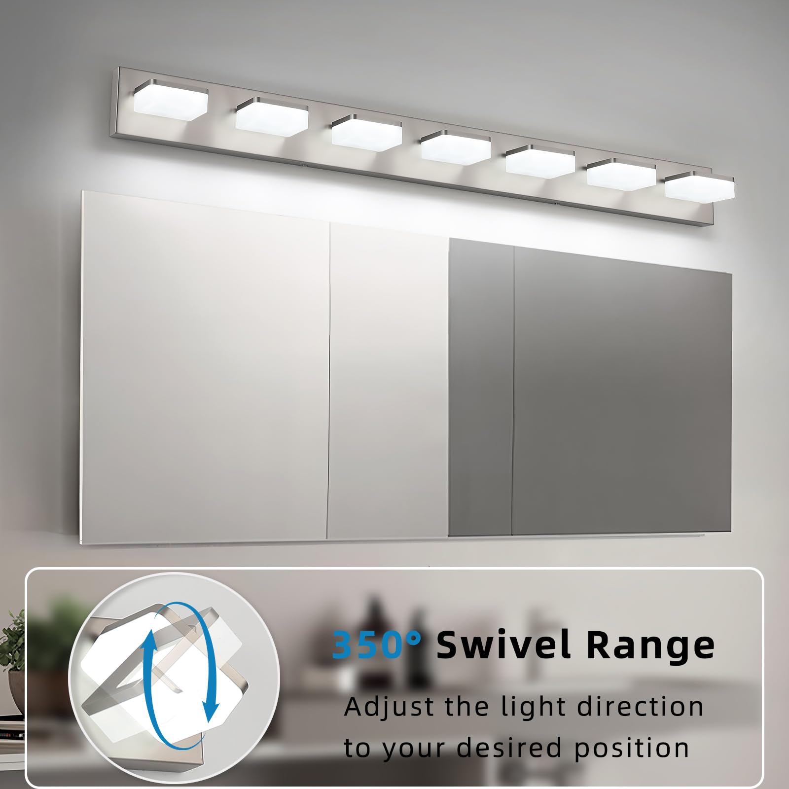 Bicrink 7-Light Bathroom Vanity Light Fixture Over Mirror  Nickel Led Vanity Lighting Fixtures  45.67 Inch Modern Bathroom Wall Light Fixtures With Rotating Lamp Head