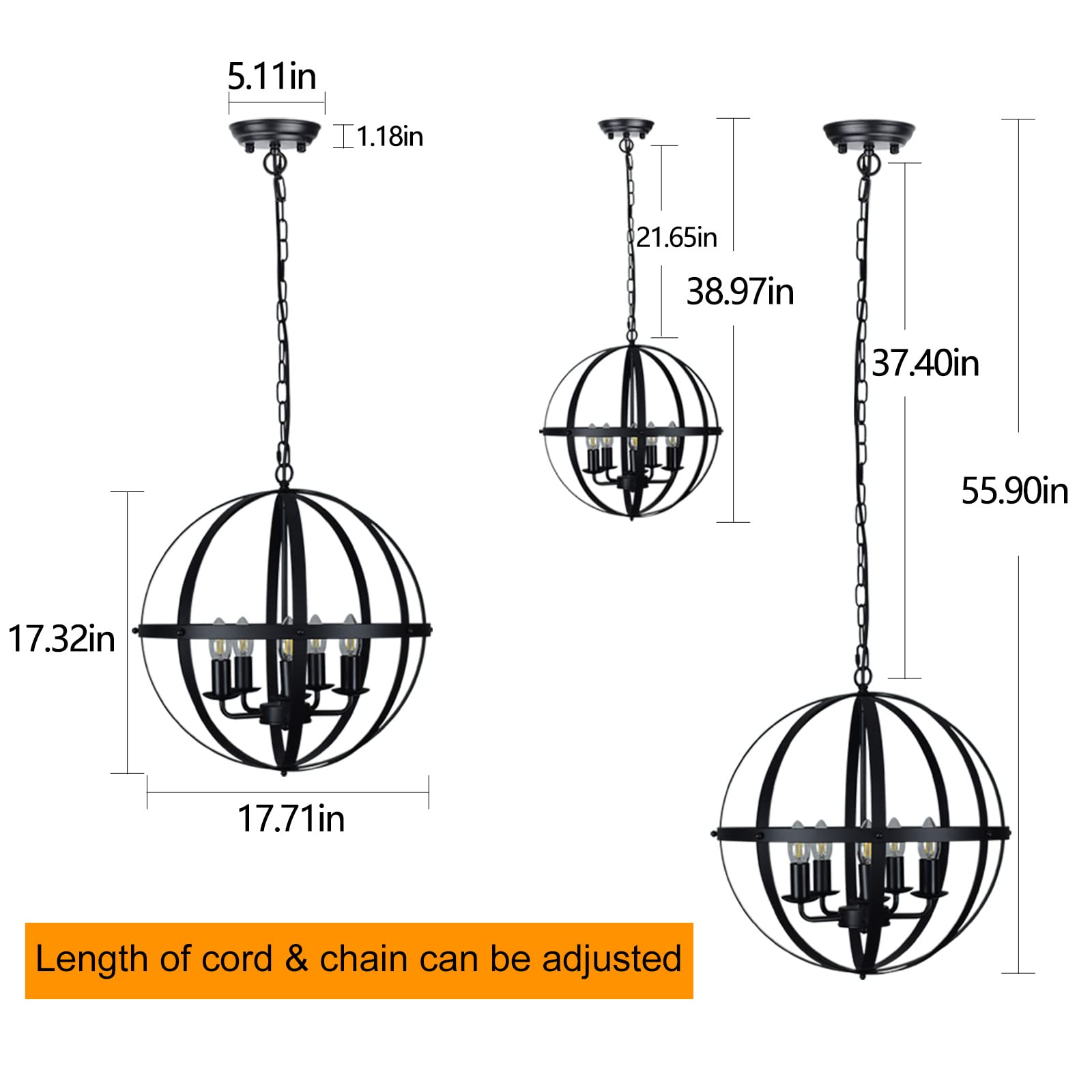 Dllt Pendant Light Metal, 5-Light Globe Pendant Lighting, Adjustable Hanging Ceiling Chandelier Light Flush Mount For Kitchen, D