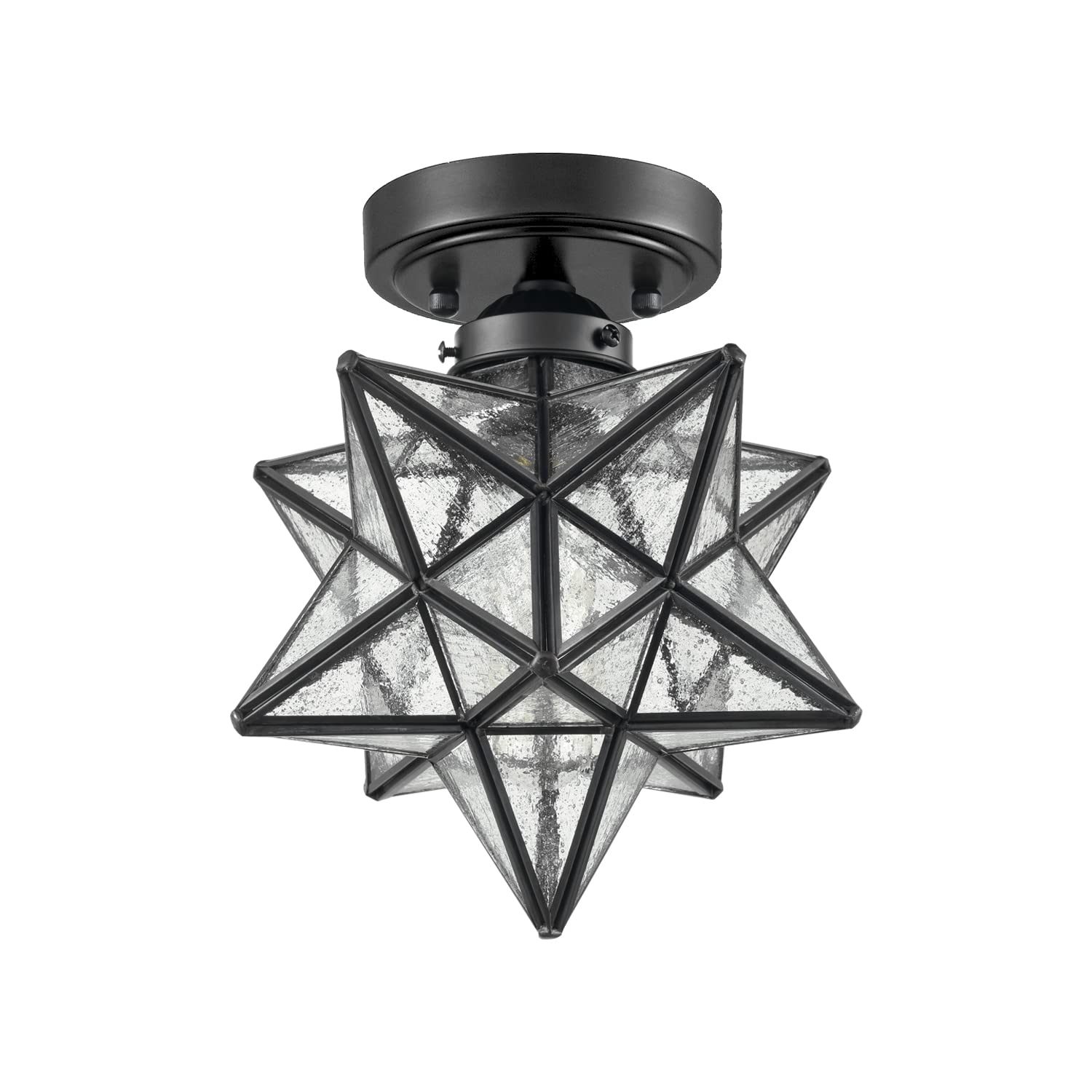 Axiland Moravian Star Light Flush Mount Ceiling Light Black With Seeded Glass Shade For Living Room Bedroom Kitchen Hallway