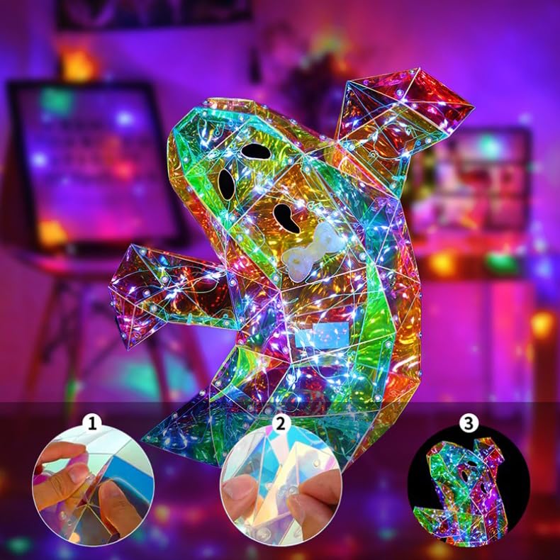 2 Pcs Prismatic Iridescent Spooky Ghost  Prismatic Ghost Led Lights  Halloween Lights Gift For Women Men  Funny Colorful Glow Lights Halloween Decorations Indoor (Large Ghost)