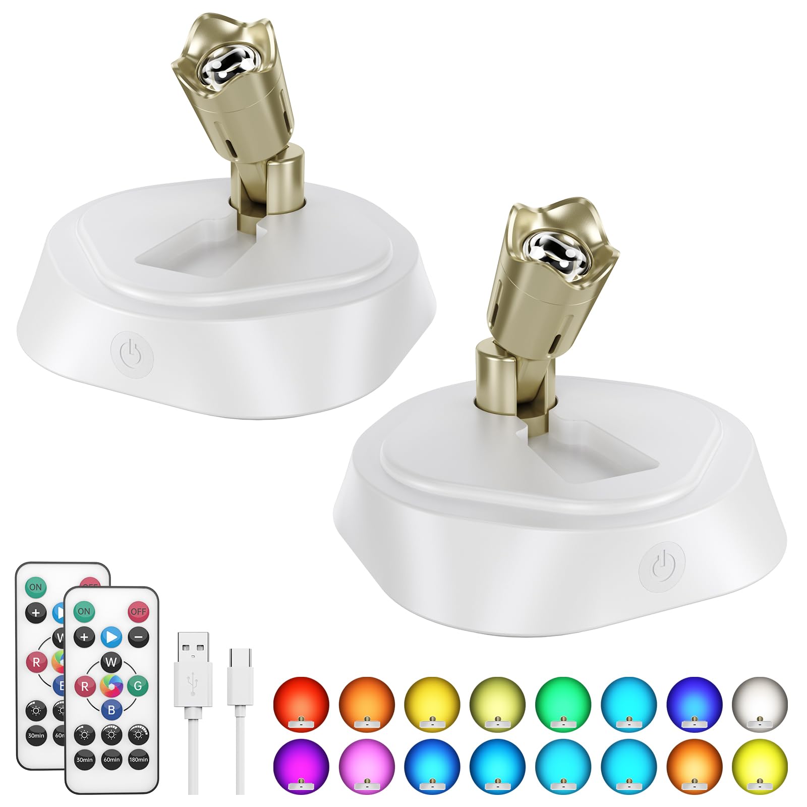 Rgb Wireless Led Indoor Spotlight, Puck Light Art Plant Tree, 16 Color Adjustable Remote Spotlight, Closet Light With Rotatable Lamp Head - White 2 Pack