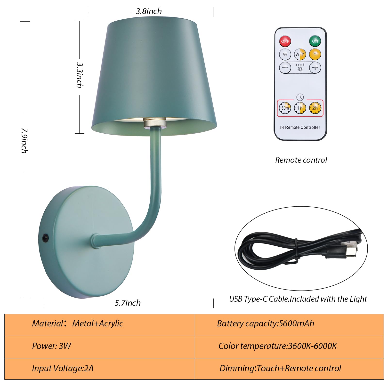 IMQSQIK LED Wall Lamp Set of 2, Rechargeable 5600mAh, Touch Control, Metal, Blue, Model RQ-14-2Pack