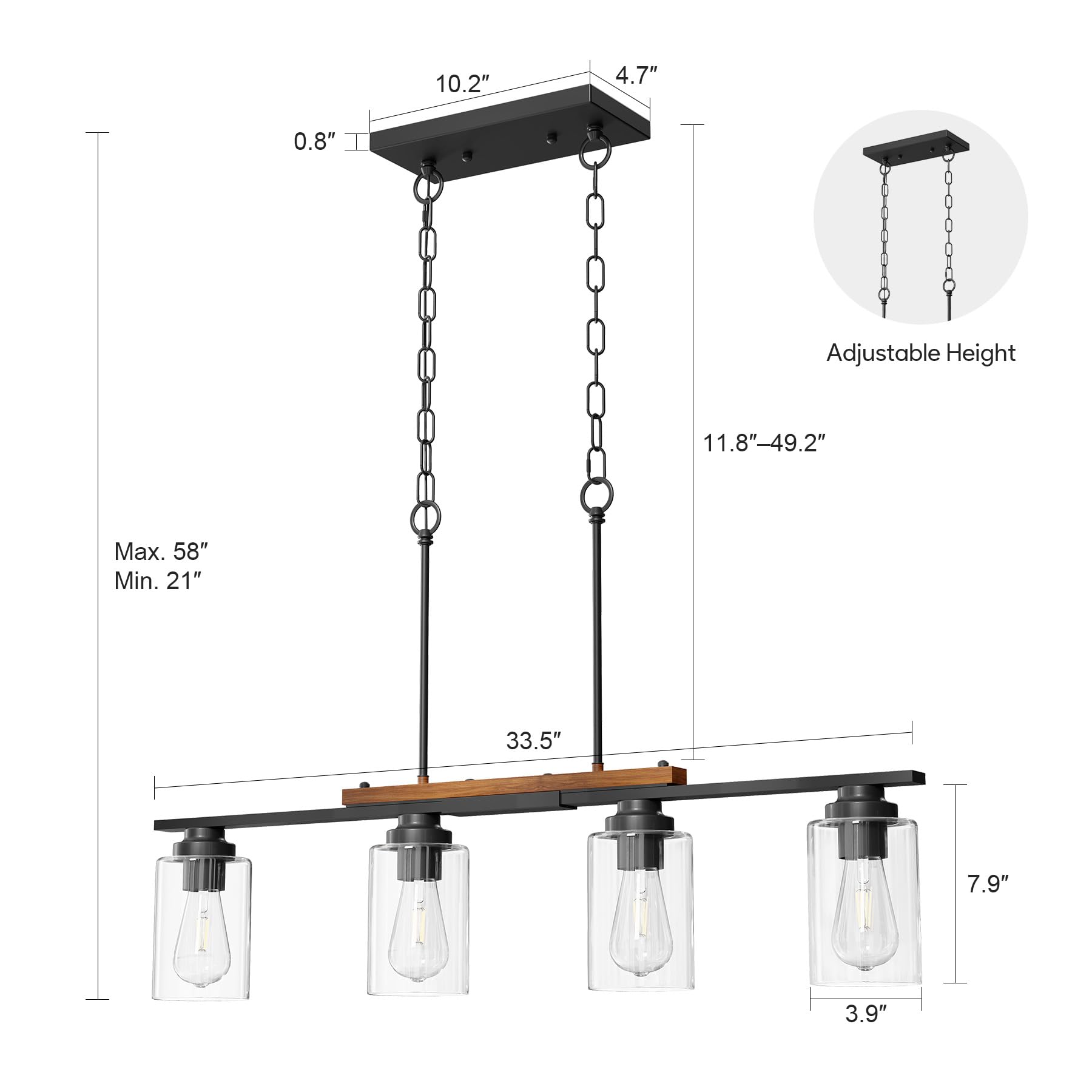 Vonluce Dining Room Light Fixture Over Table, 4-Light Kitchen Island Lighting With Glass Shade And Adjustable Rods, Farmhouse Li