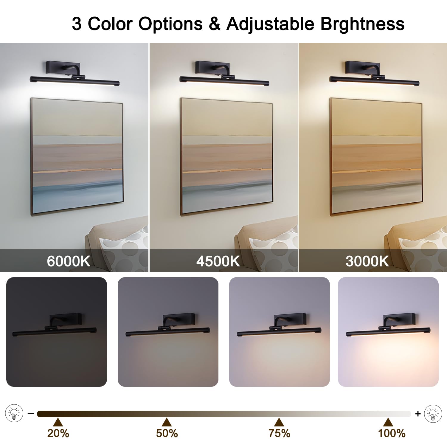 Led Picture Light Fixtures Rechargeable Battery Wall Light For Paintings, Dimmable And Timer Art Light, 3 Colors, Modern And Wir