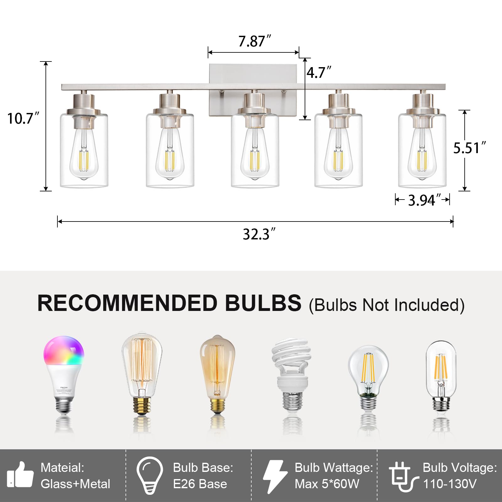 HCCZ 5-Light Bathroom Vanity Light Fixture, Brushed Nickel, Glass Shade, Modern Farmhouse Wall Sconce for Bathroom, Bedroom, Living Room