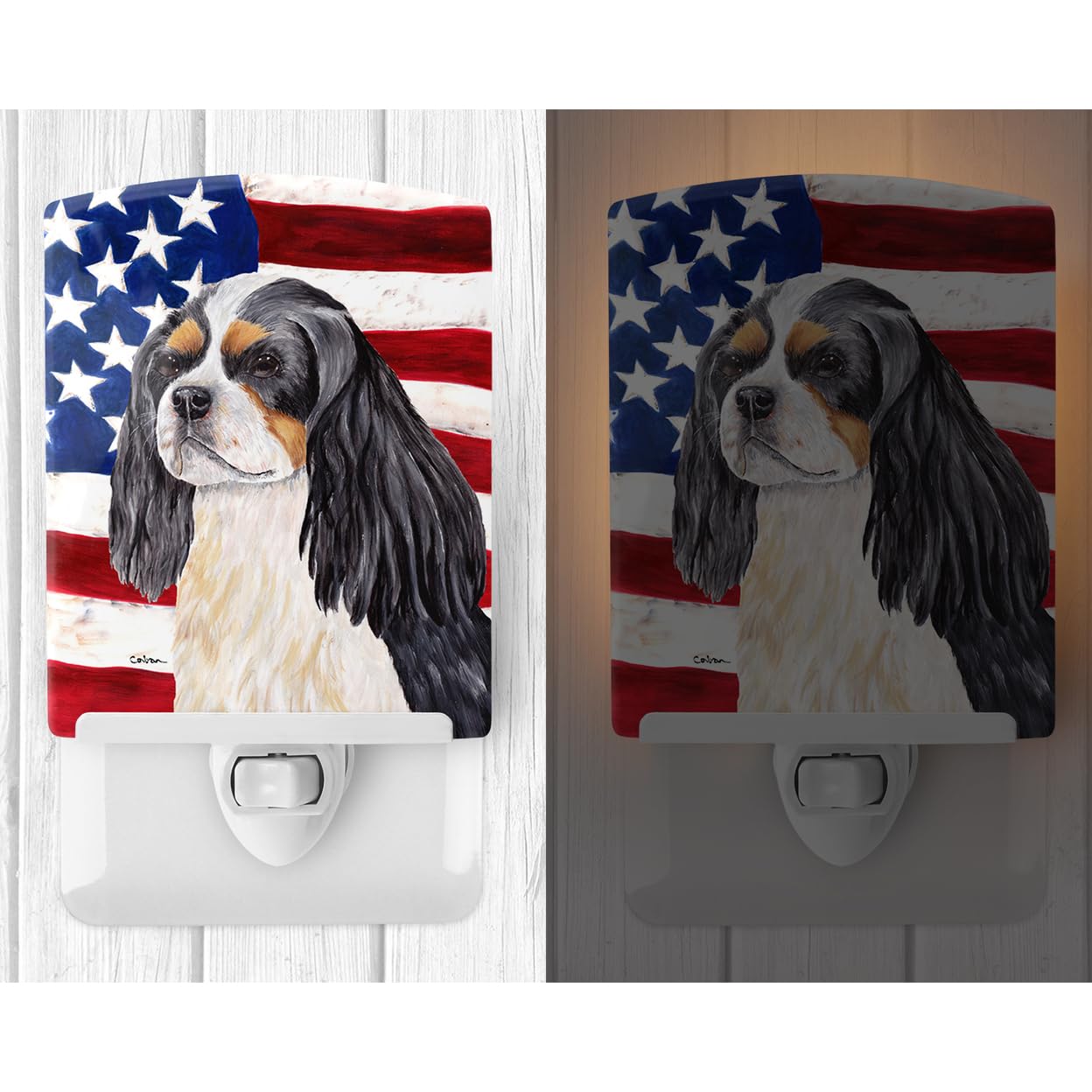 Carolines Treasures Ceramic Night Light, USA American Flag, Cavalier Spaniel, 6x4x3in, Multicolor, Model SC9114CNL