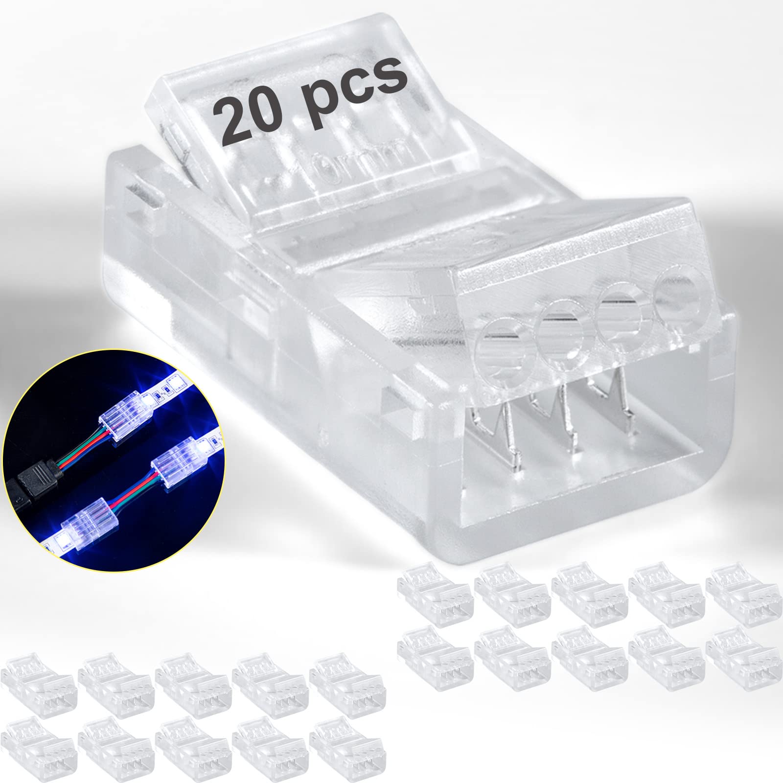 20PCS LED Strip Connectors - LED Light Connectors, 4 Pin 10mm LED Connectors for Strip Lights, Clear LED Light Strip Connectors,