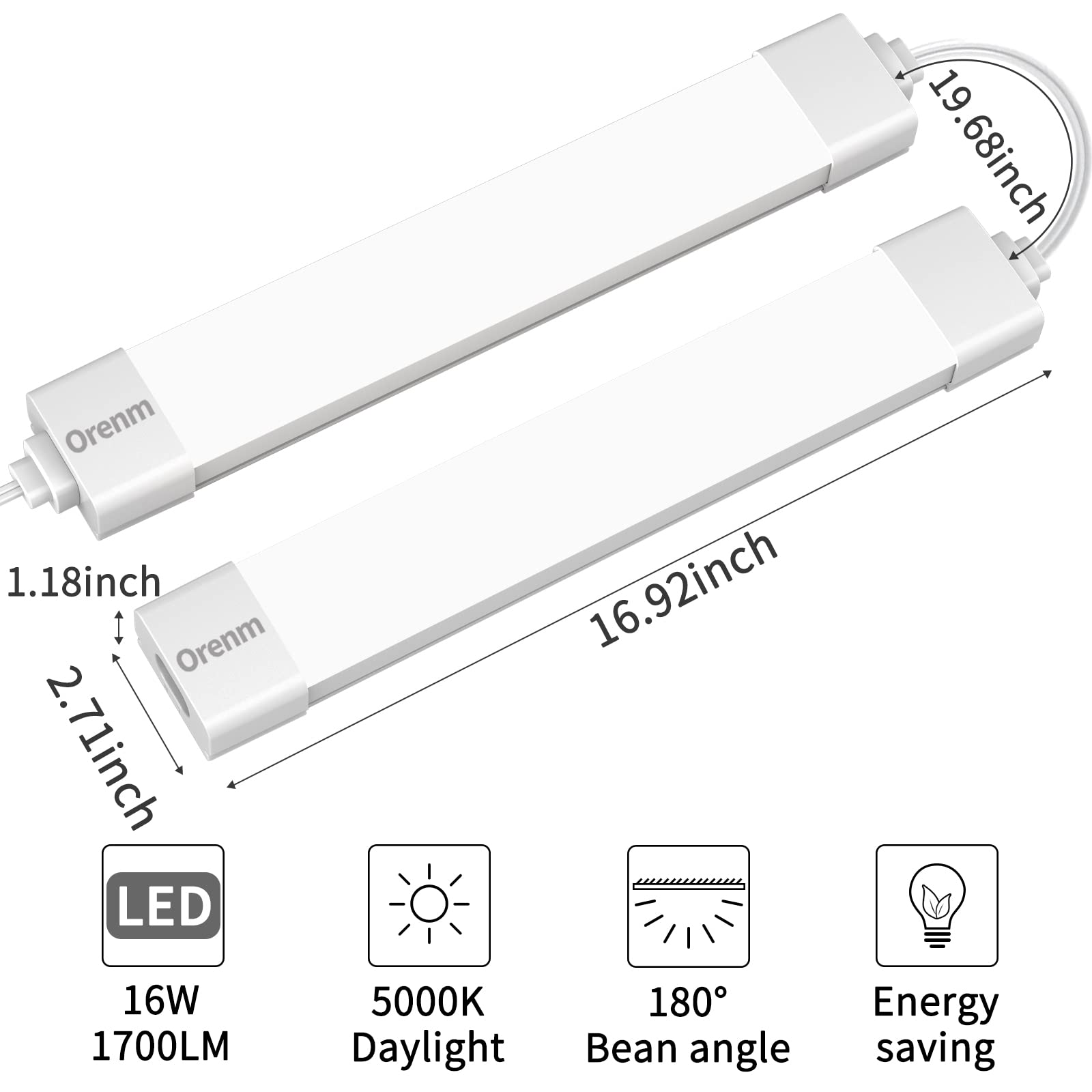 orenm LED Tube Light 1.4FT 16W 1700LM Daylight IP65 Linkable with Plug and Switch, 2 Pack