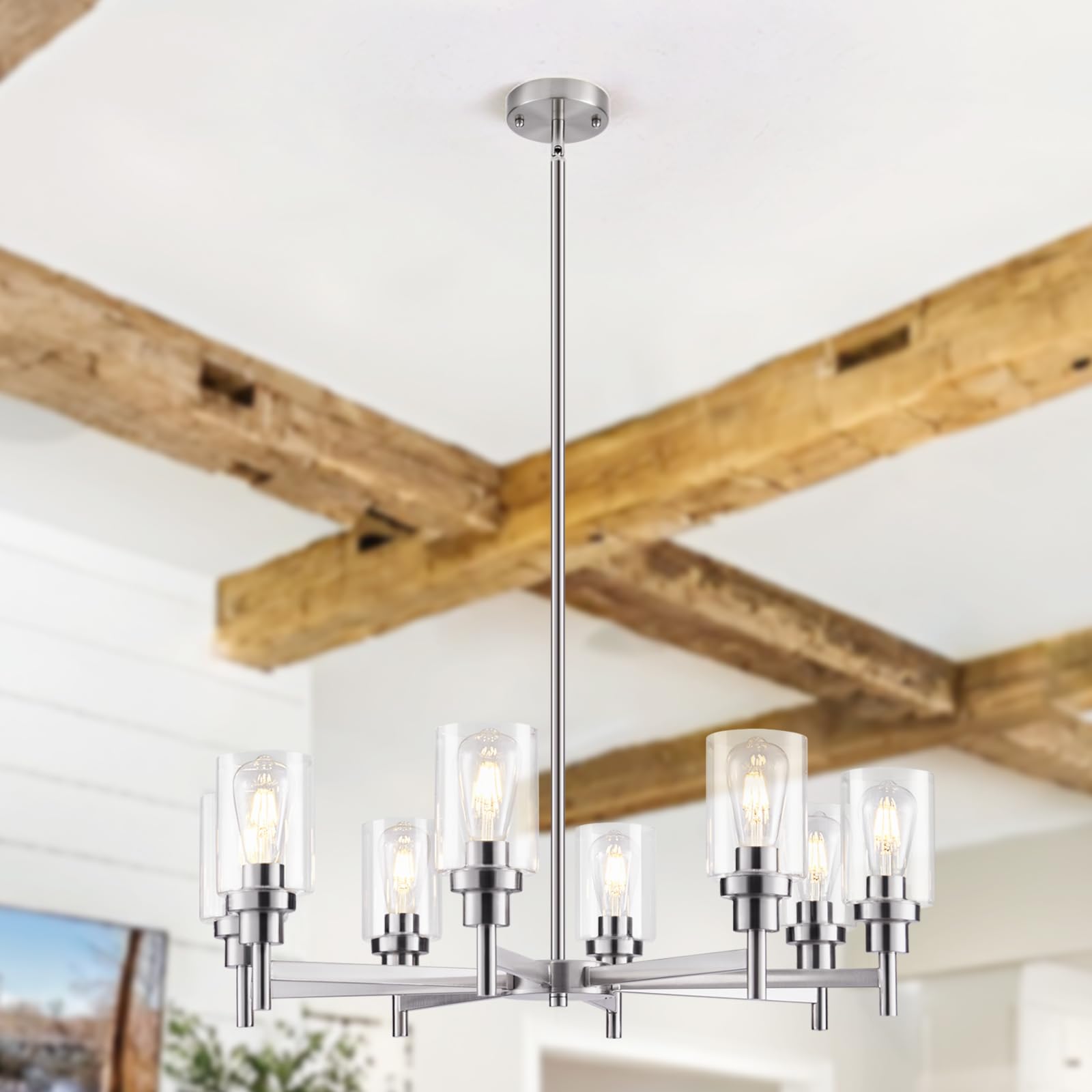Seilisy 8 Lights Brushed Nickel Chandelier For Dining Room, Farmhouse Modern Contemporary Industrial Ceiling Hanging Pendant Lig