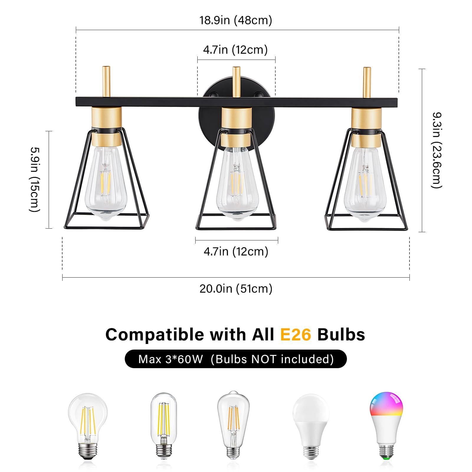 Fonmyim Farmhouse Bathroom Vanity Light Fixtures Over Mirror, Black And Gold 3-Light Wall Sconce With Metal Cage, E26 Socket (Bu