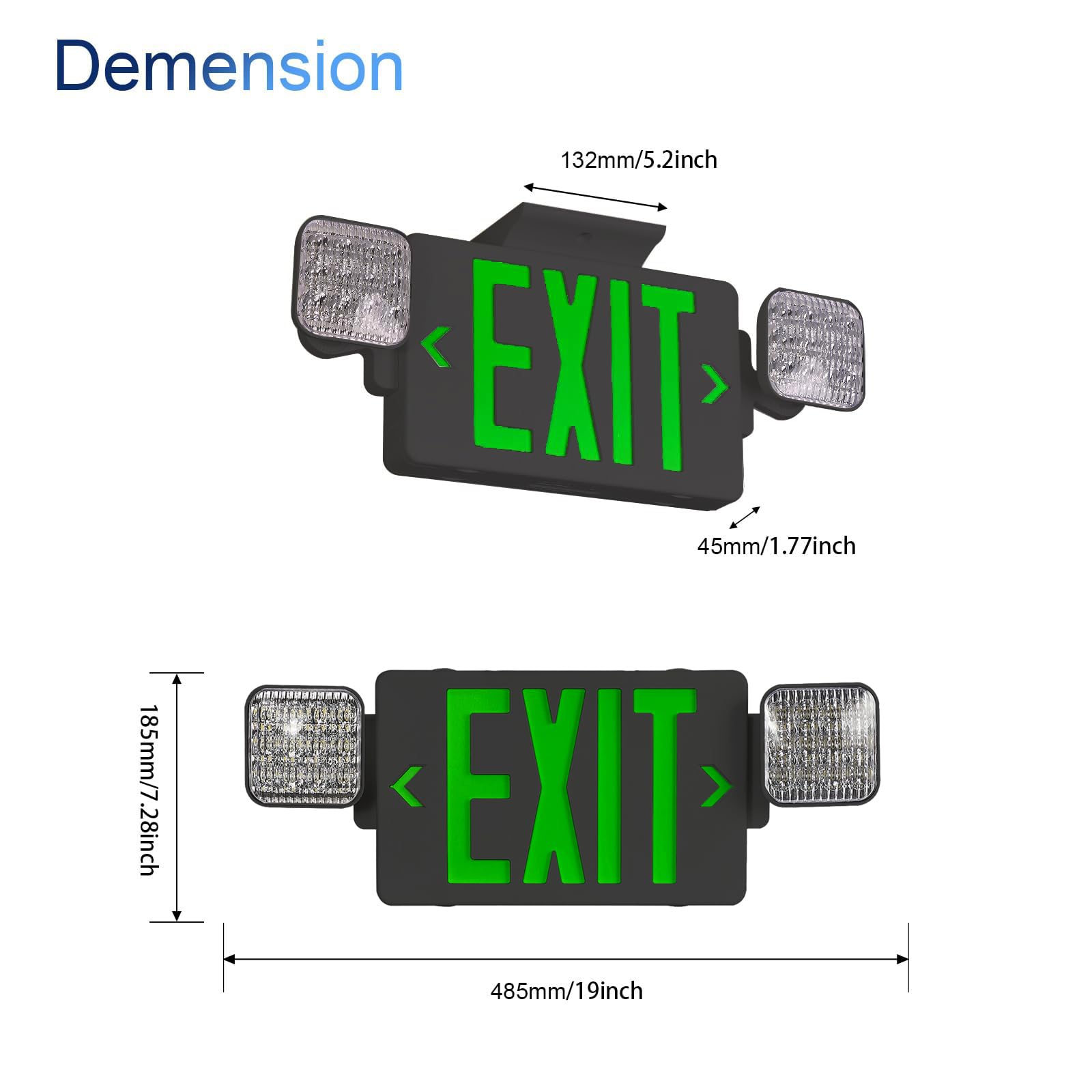 Cm Mzy Black Housing,Green Exit Sign With Emergency Light, Two Adjustable Square Head,Exit Sign With Battery Backup,Us Standards