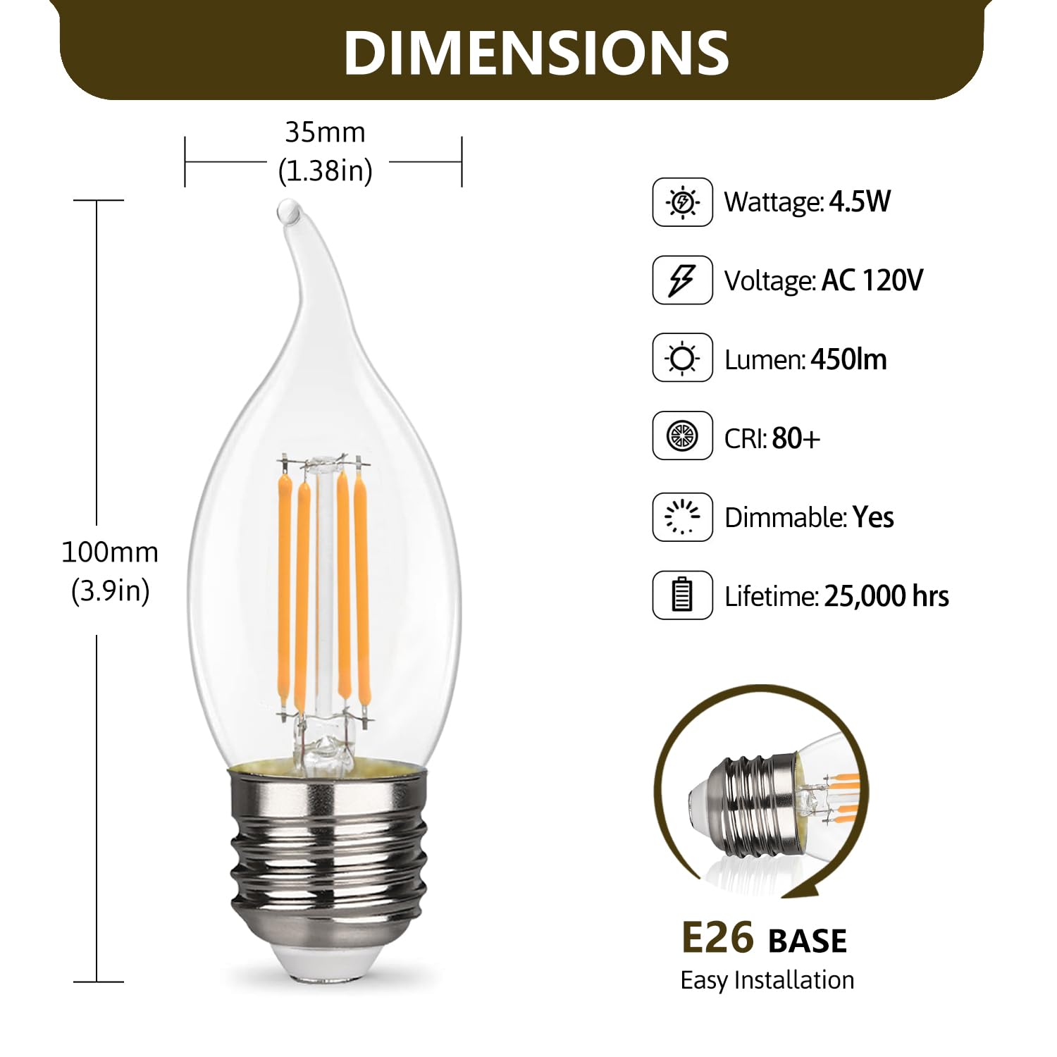 Yimilite Ca11 E26 Led Candelabra Bulbs 4.5W(40 Watt Equivalent) 2700K Warm White 450Lm Dimmable Led Filament Chandelier Light Bu