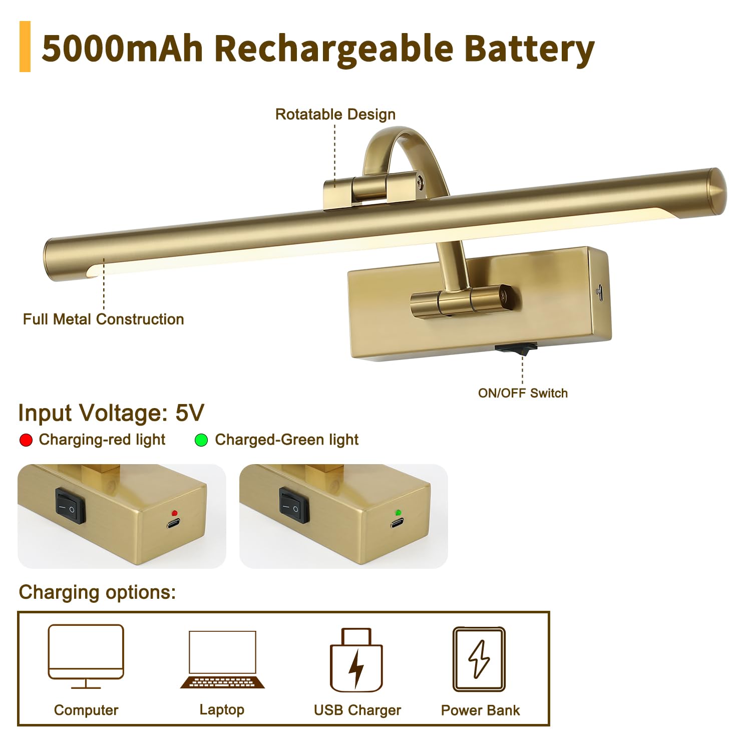 Desoop Battery Operated Picture Light With Remote And Timer, Wireless Art Lights For Paintings Brass Rechargeable Gallery Light