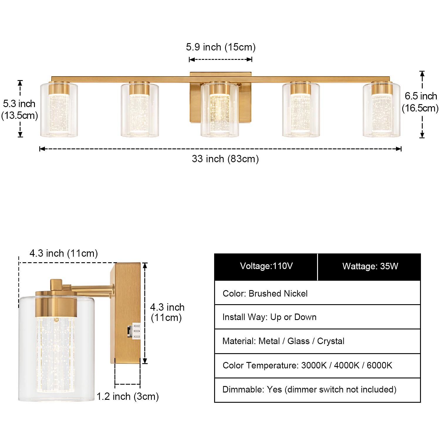 SineRise 5-Light Gold Vanity Light, Dimmable LED Fixture with 3 Color Modes, Stainless Steel, Clear Glass Shade