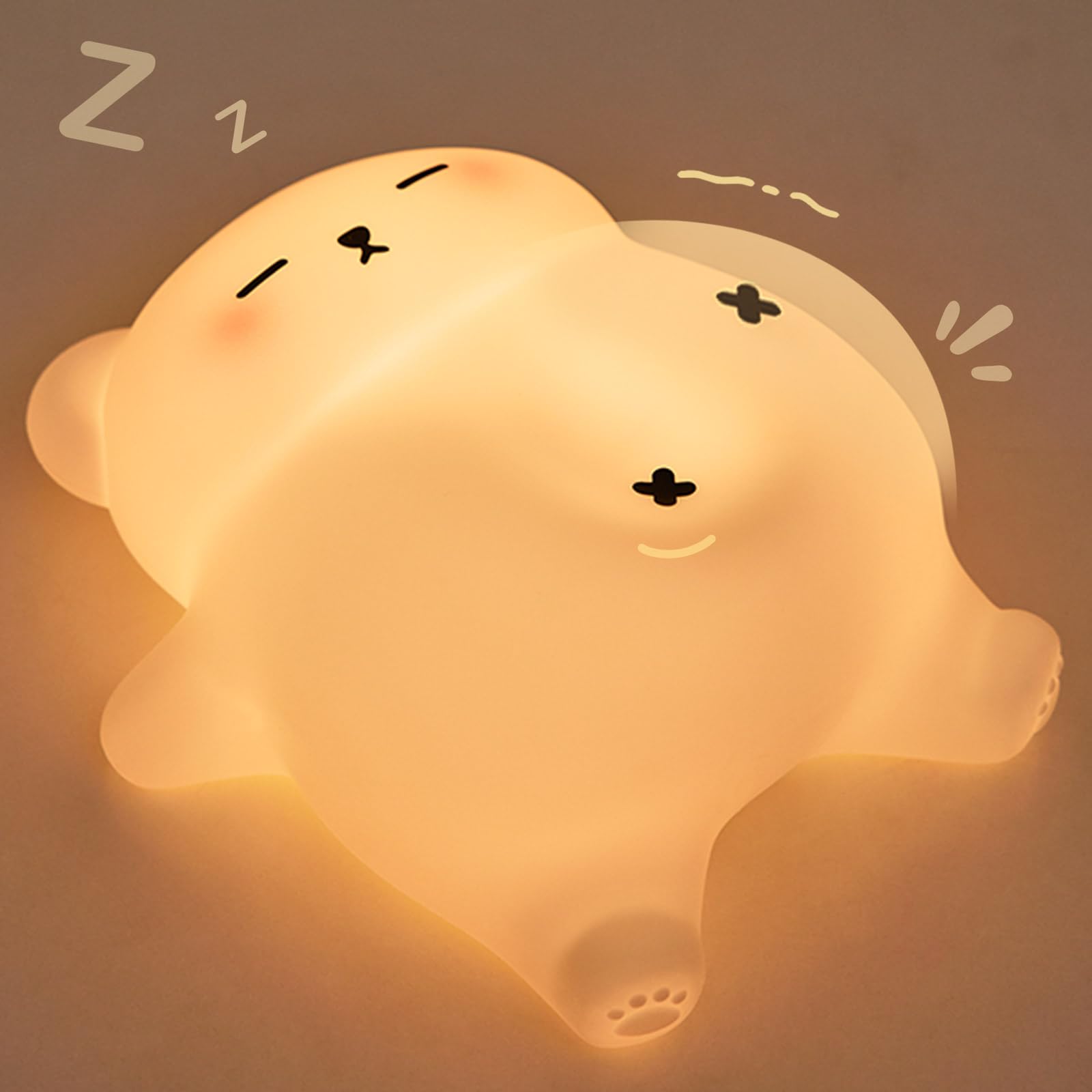 LettreQ Snoring White Bear Night Light, Rechargeable Squishy Lamp - Silicone Nursery LED Animal Dimmanble Touch Nightlight - Bed