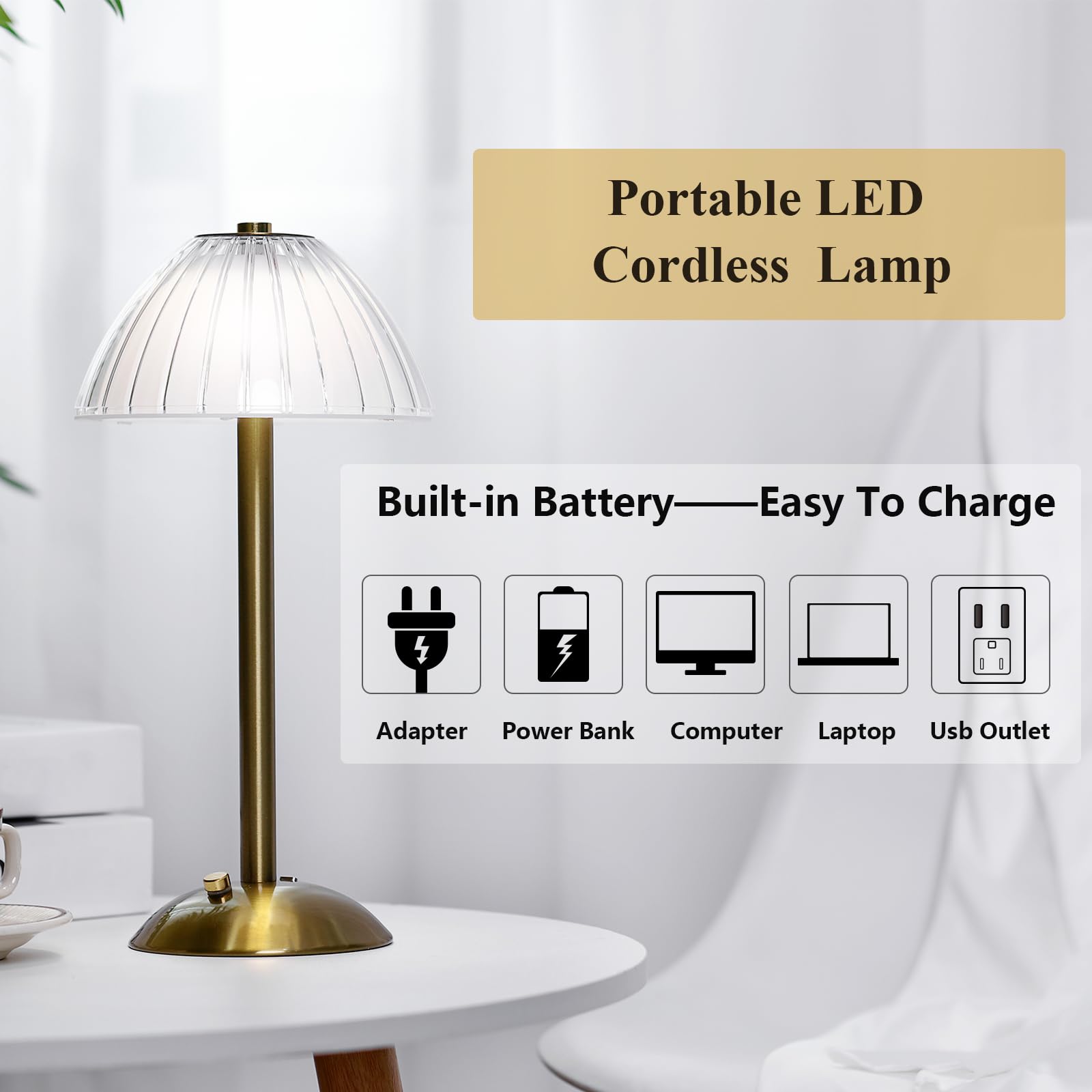 Liliful Cordless Table Lamp - Rechargeable Touch LED, Gold, USB-C, 3 Color Dimmable, Portable Design for Bedroom & Living Room, Model IAN-Liliful-5229