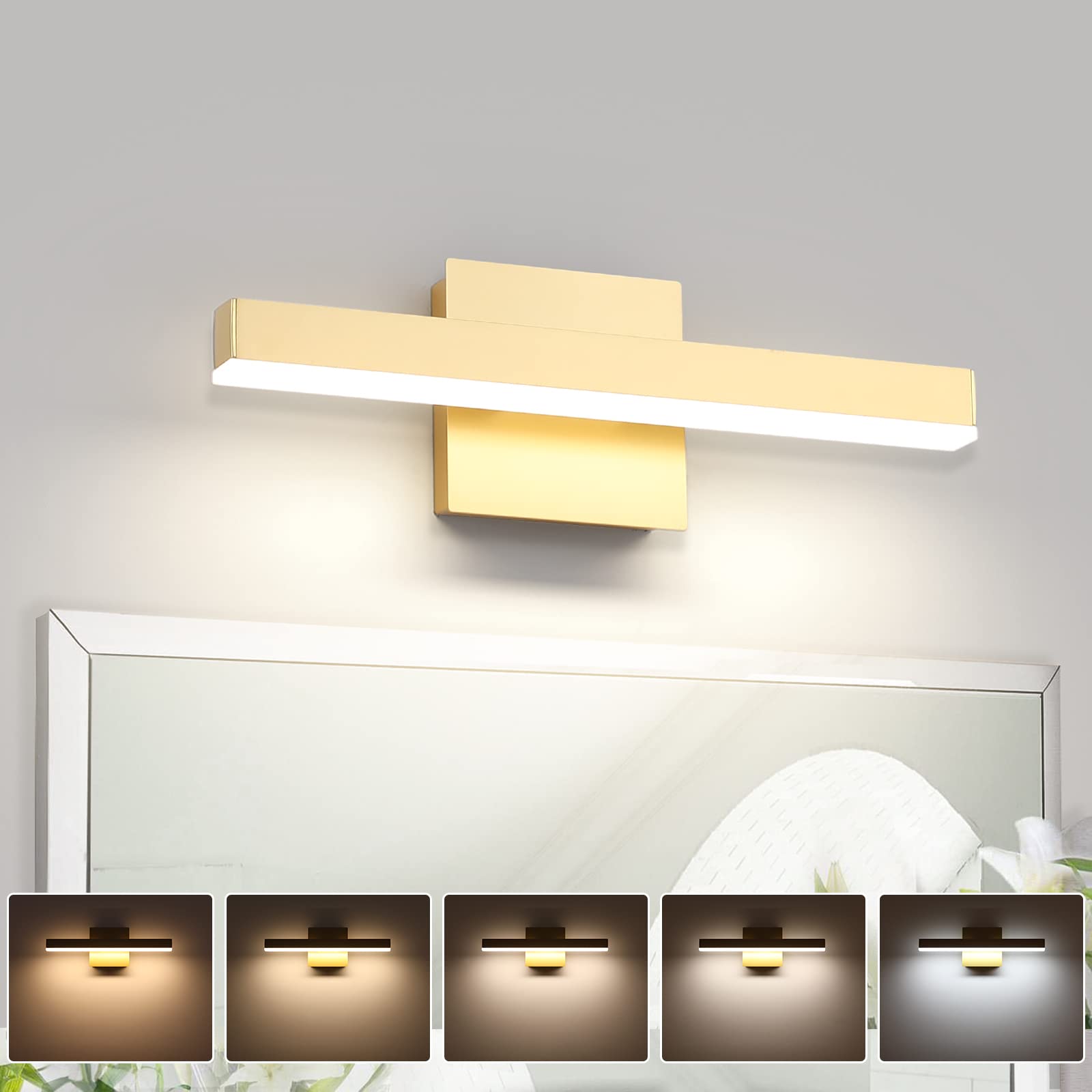 Joossnwell Bathroom Vanity Lights Fixtures Over Mirror Dimmable 5Cct Led Gold Bathroom Light Fixtures Modern Bath Wall Lamps Bar Lighting 15.75 Inch Long 12W