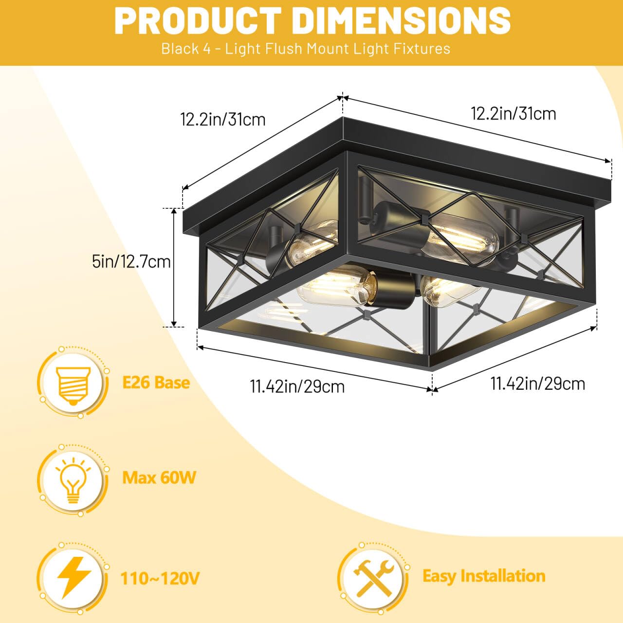 Asnxcju 12'' Square Flush Mount Ceiling Light With Clear Glass Shade, 4-Light Farmhouse Outdoor Porch Ceiling Light Fixtures, Bl