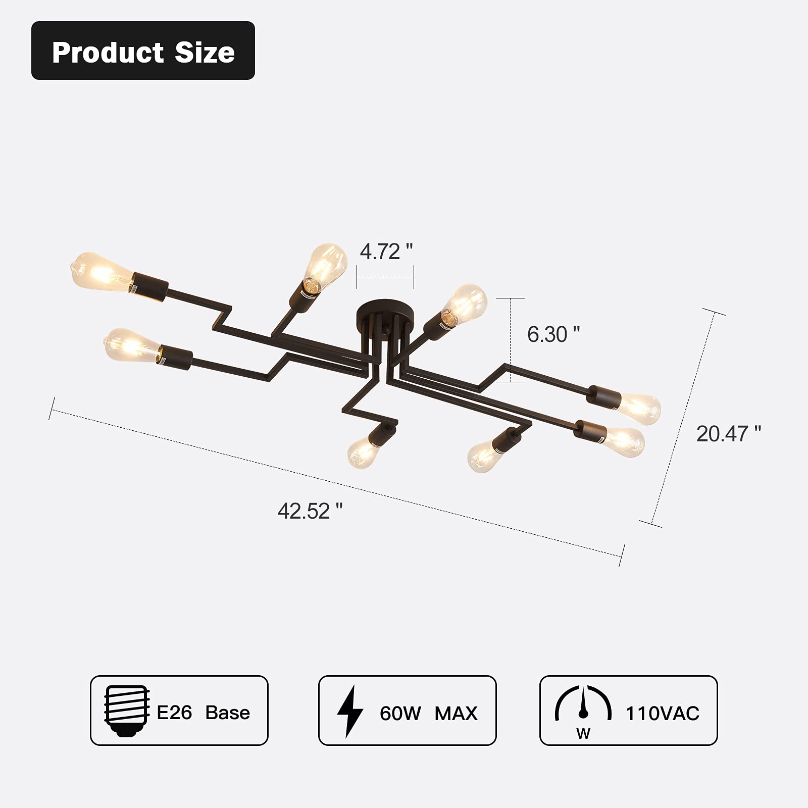 Zglaojtblack 8-Light Ceiling Light, Modern Semi Flush Mount Ceiling Light Fixture,Metal Chandelier For Farmhouse Dining Room Liv