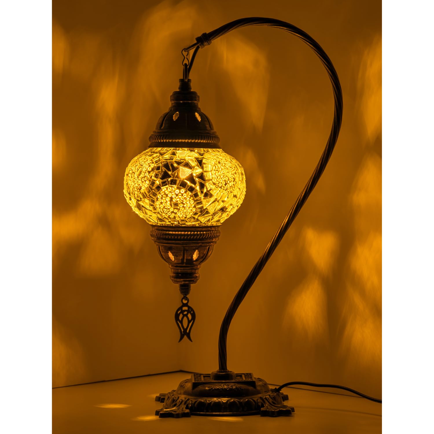 Kafthan Turkish Mosaic Lamp – Handmade Glass Bedside Lamp, Antique Brass Base, White Circles, Model ASNML50369, Bulb Included