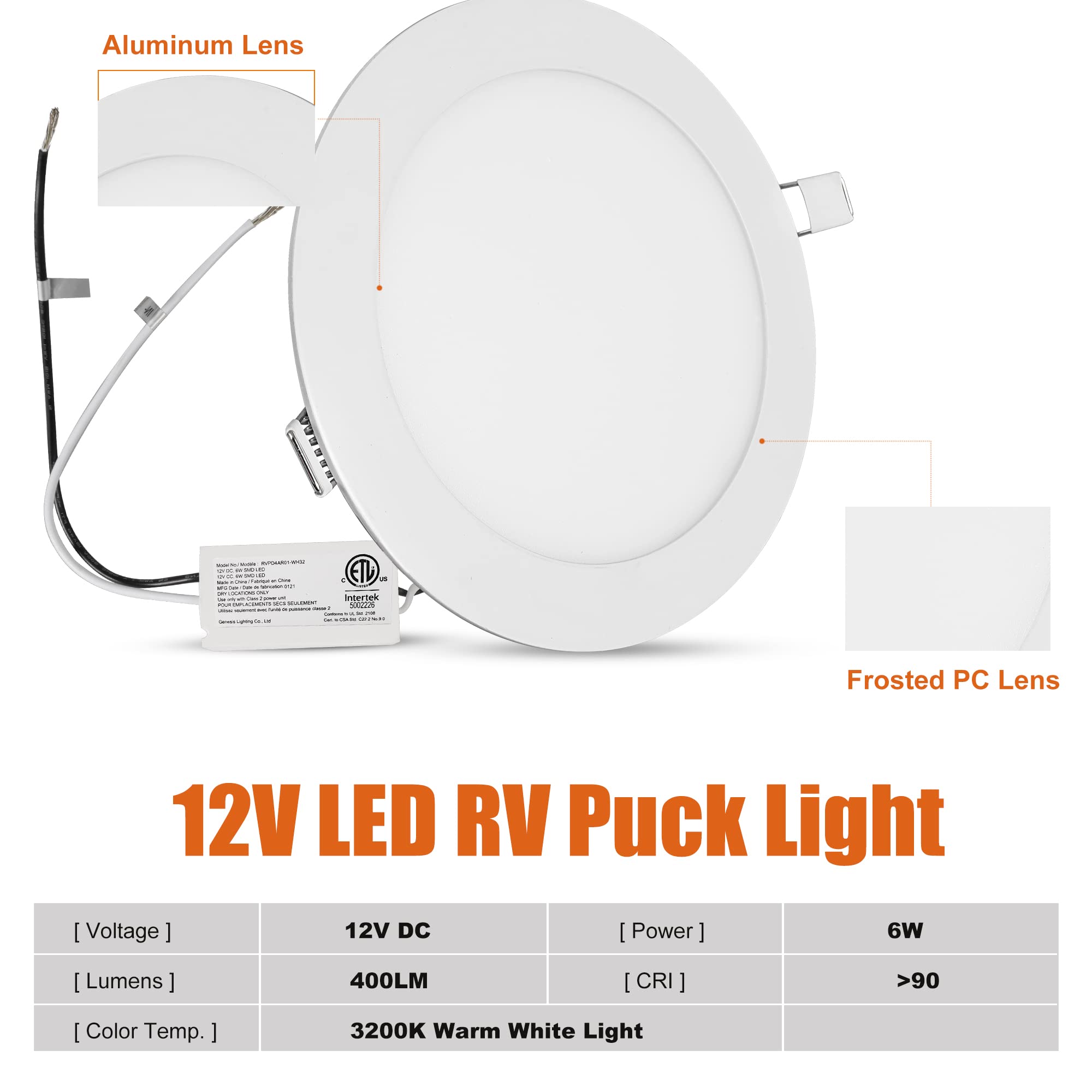 Facon 4.5" LED Puck Light - 12V Warm White - 6 Pack Aluminum Recessed Interior Lighting for RV, Camper, Trailer, Boat