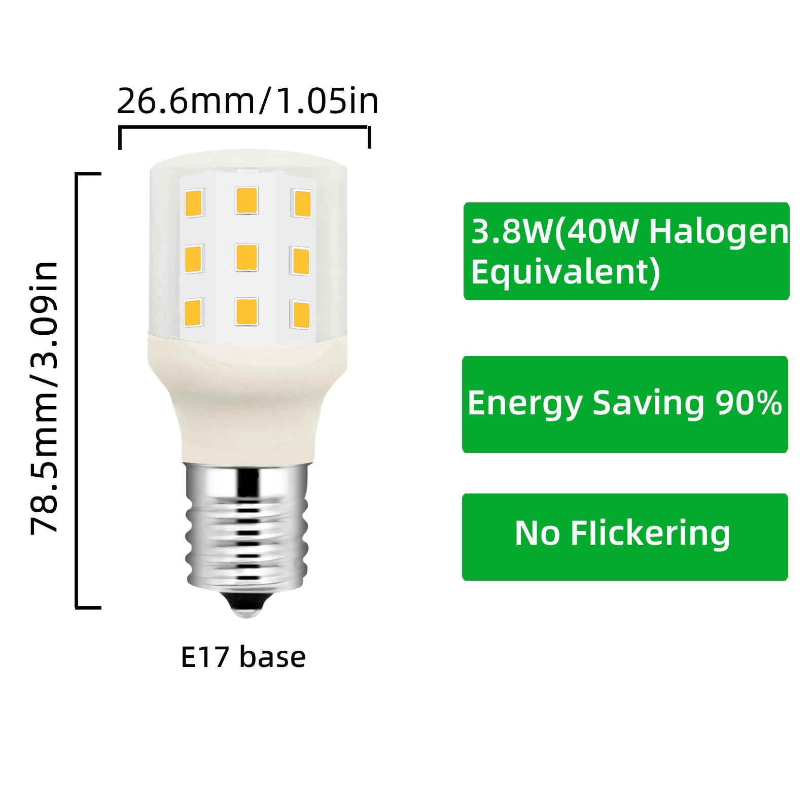 OPXELUYO 3W LED Refrigerator Bulb, Daylight White, E17 Base, 6000K, 500lm, Model LX-C32H6, Pack of 2