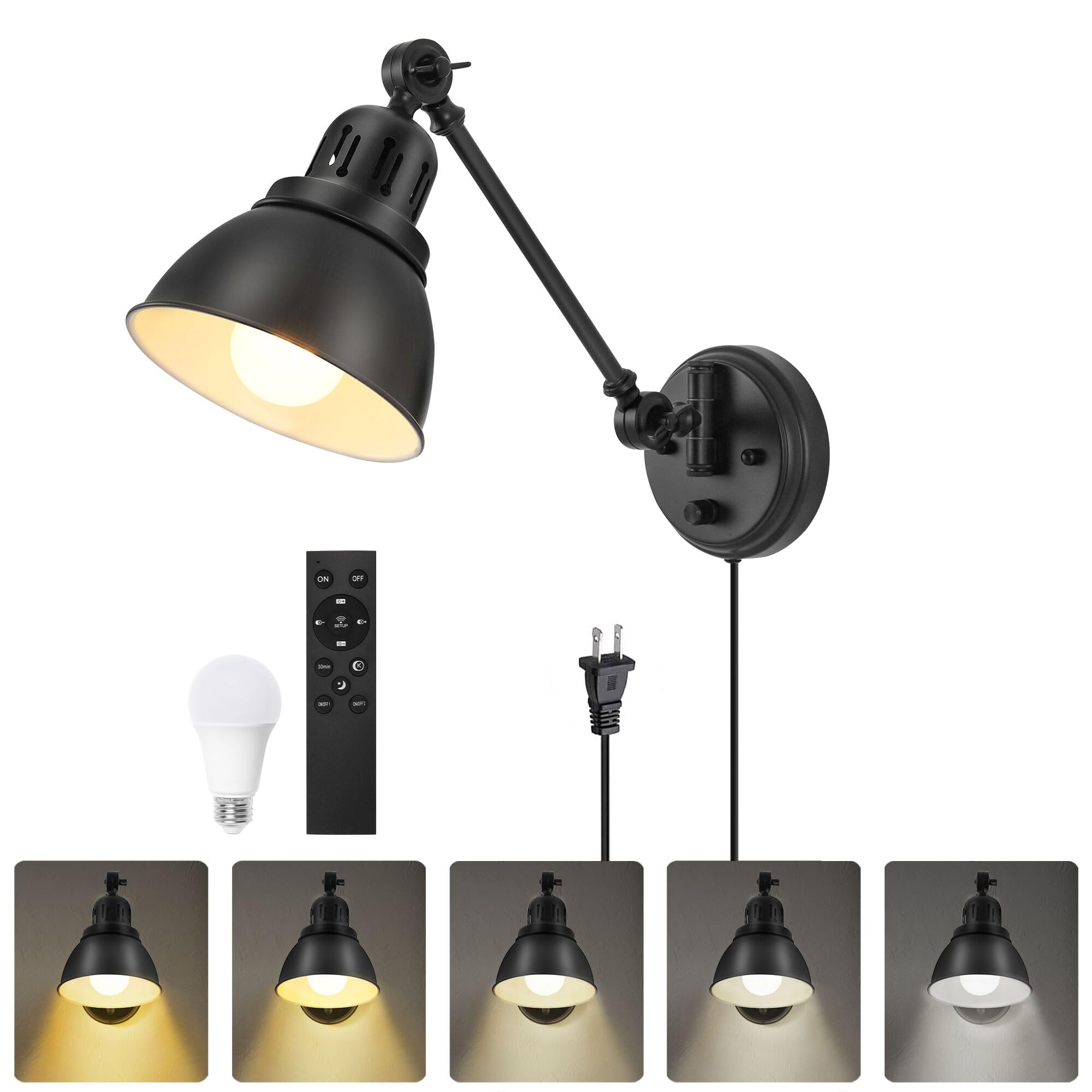 GOODATE Plug in Wall Sconce with Remote Control, Stepless Dimming & Colors, Black, 1 Pack, Model LK-YK-1PC-BK