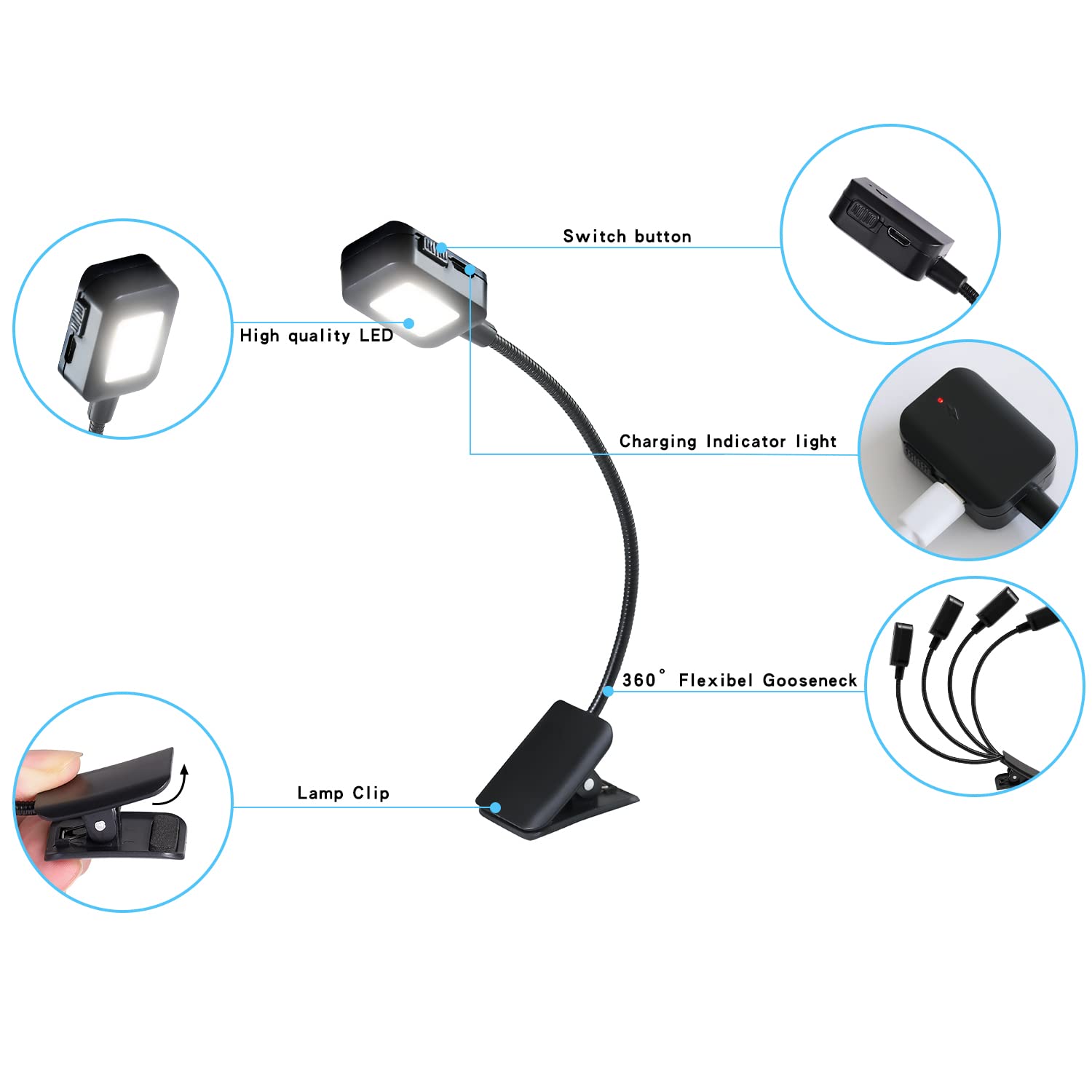 KunHe Rechargeable Book Light Clip-On, Lightweight, Black, 16 Pack for Reading at Night, Ideal for Kids and Book Lovers