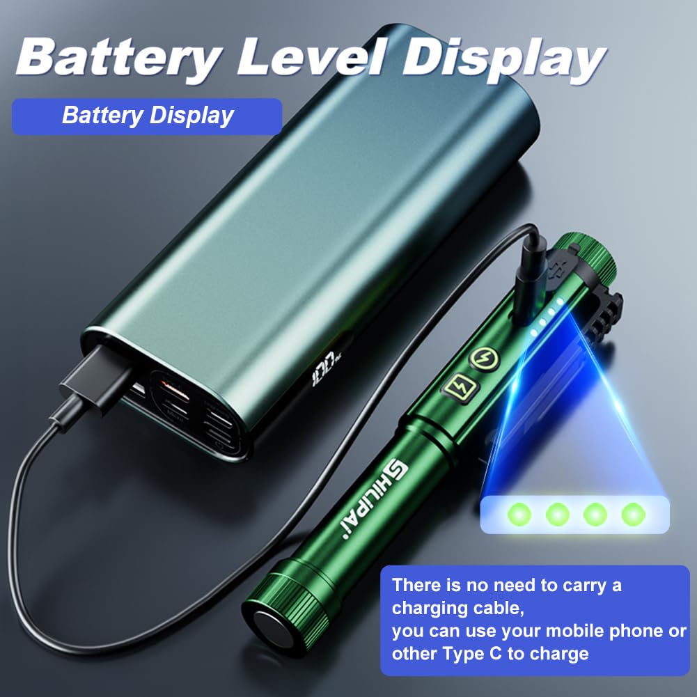 Shilipai Pocket Edc Flashlight, Ultra-Light, Waterproof, Pen Light Rechargeable With Clip, Two-Way Magnetic Base - Green