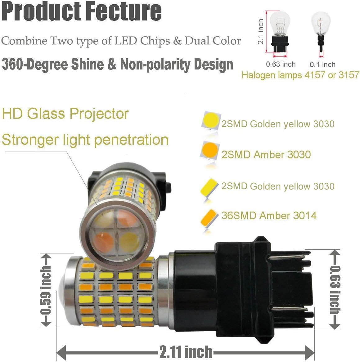 iBrightstar 3157 Switchback LED Bulbs for DRL/Turn Signal, Gold Yellow/Amber