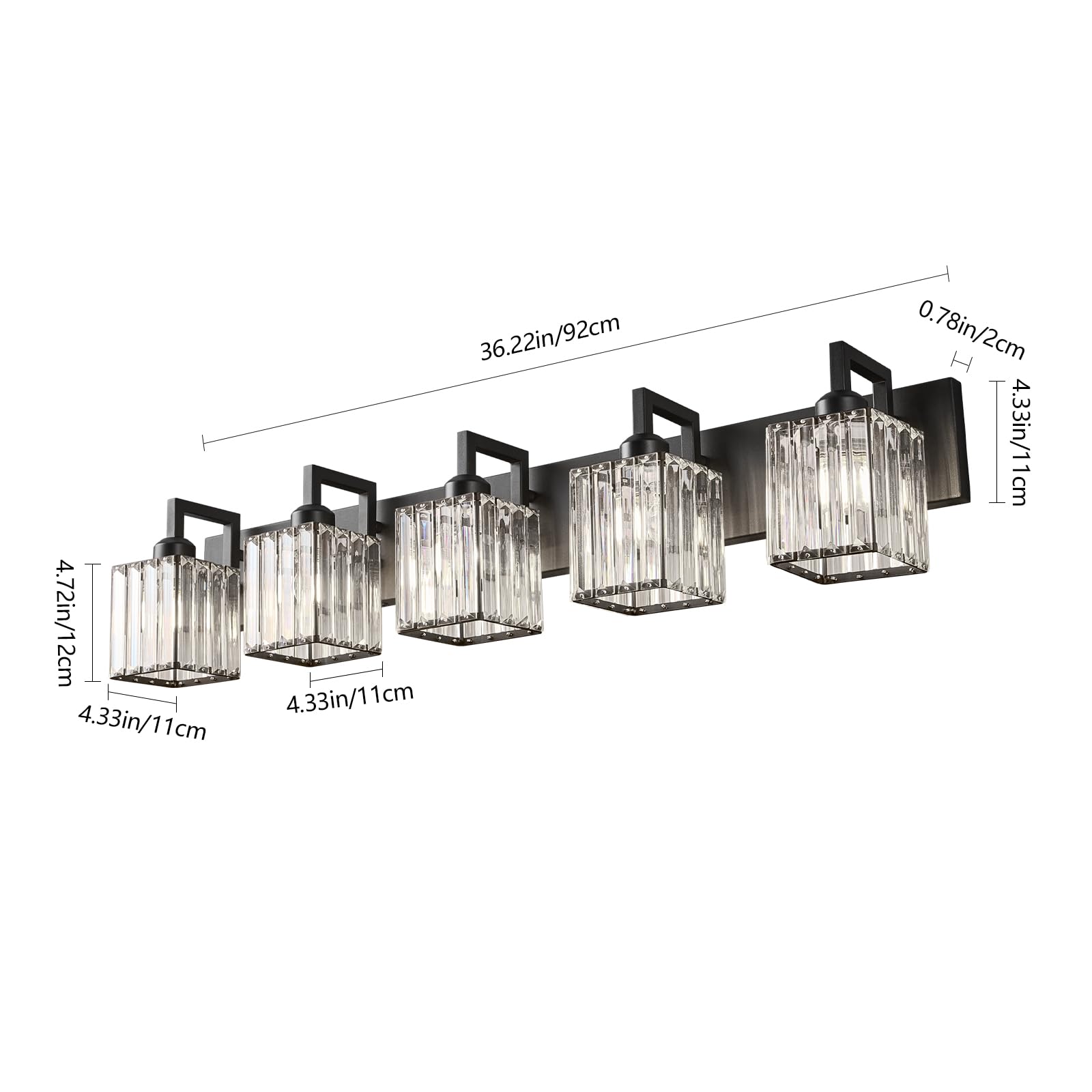 FDPBY Modern Crystal Bathroom Vanity Light - 5-Light Black Wall Lamp, Metal, Model JW-003
