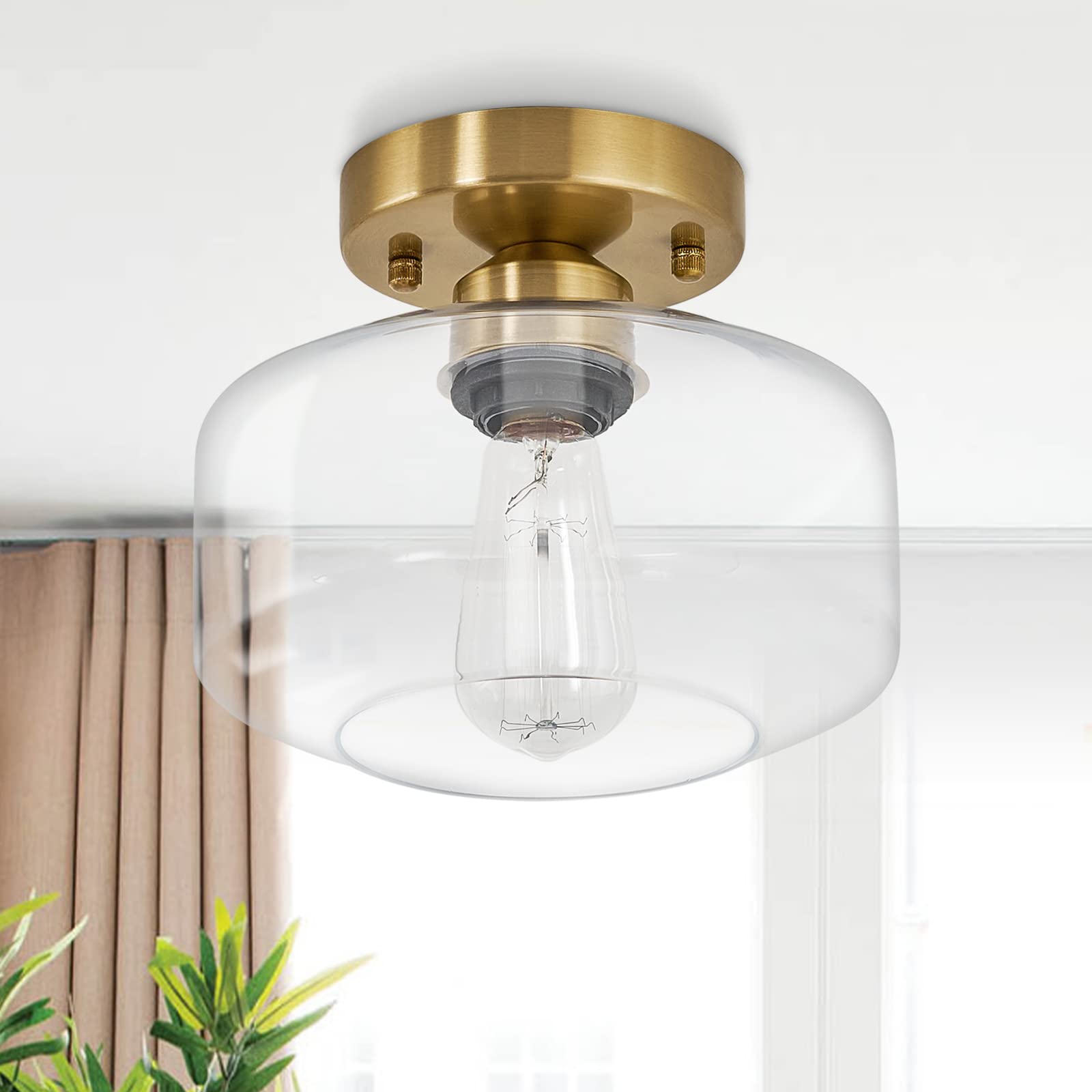 Bisamiya Modern Gold Ceiling Light Fixture, Brass Finish Semi Flush Mount Ceiling Light With 8.66" Clear Glass Shade For Kitchen, Hallway, Entryway, Bedroom, Cafe