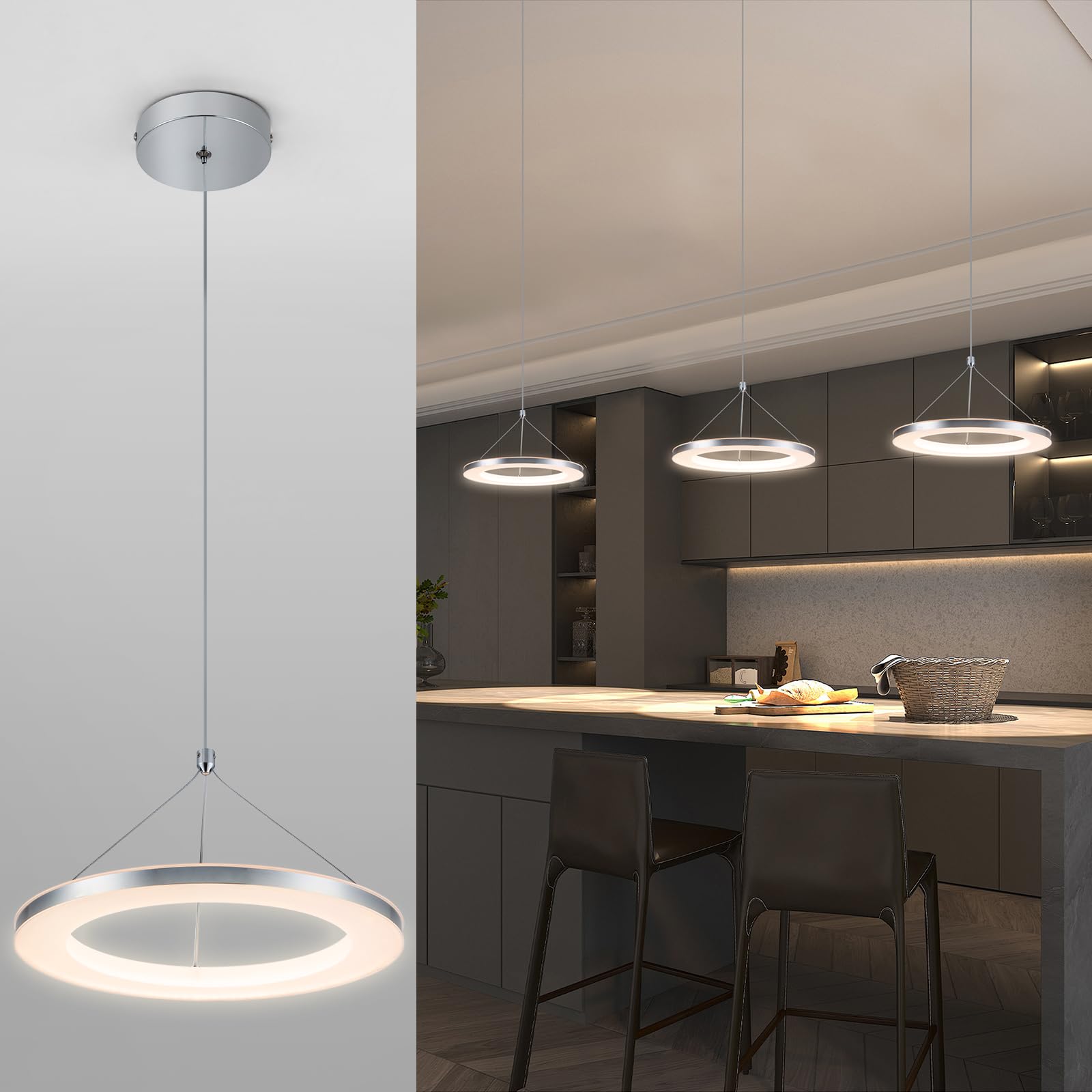 Chying Silver Led Pendant Light Kitchen Island Modern Pendant Lighting 15W Contemporary 1-Ring Hanging Light Fixture For Dining Room Living Room Bedroom, 3000K