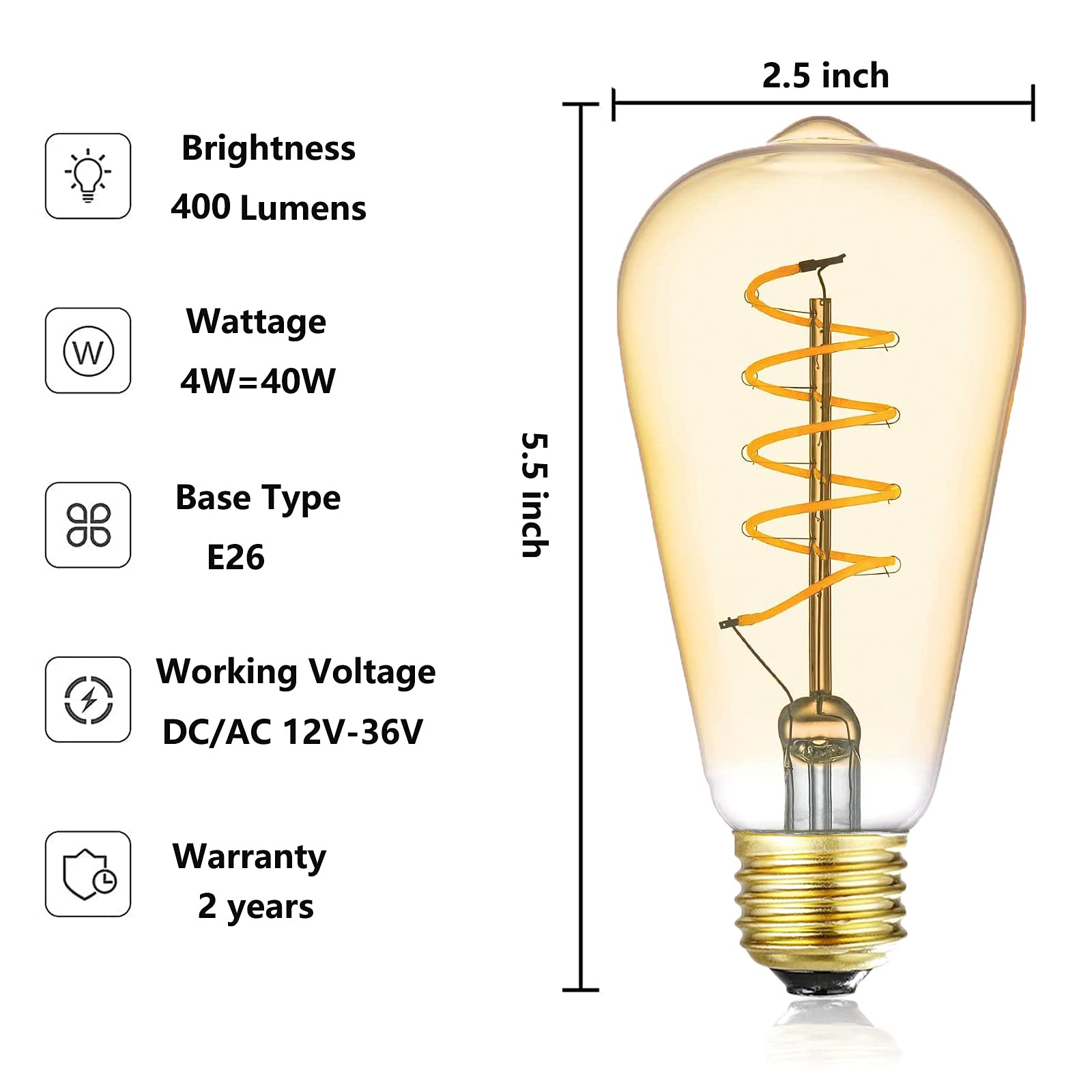 12V Led Edison Bulbs 40W Equivalent, Low Voltage 4W Vintage Style Spiral Led Filament Light Bulbs, E26 Medium Base, Warm White 2