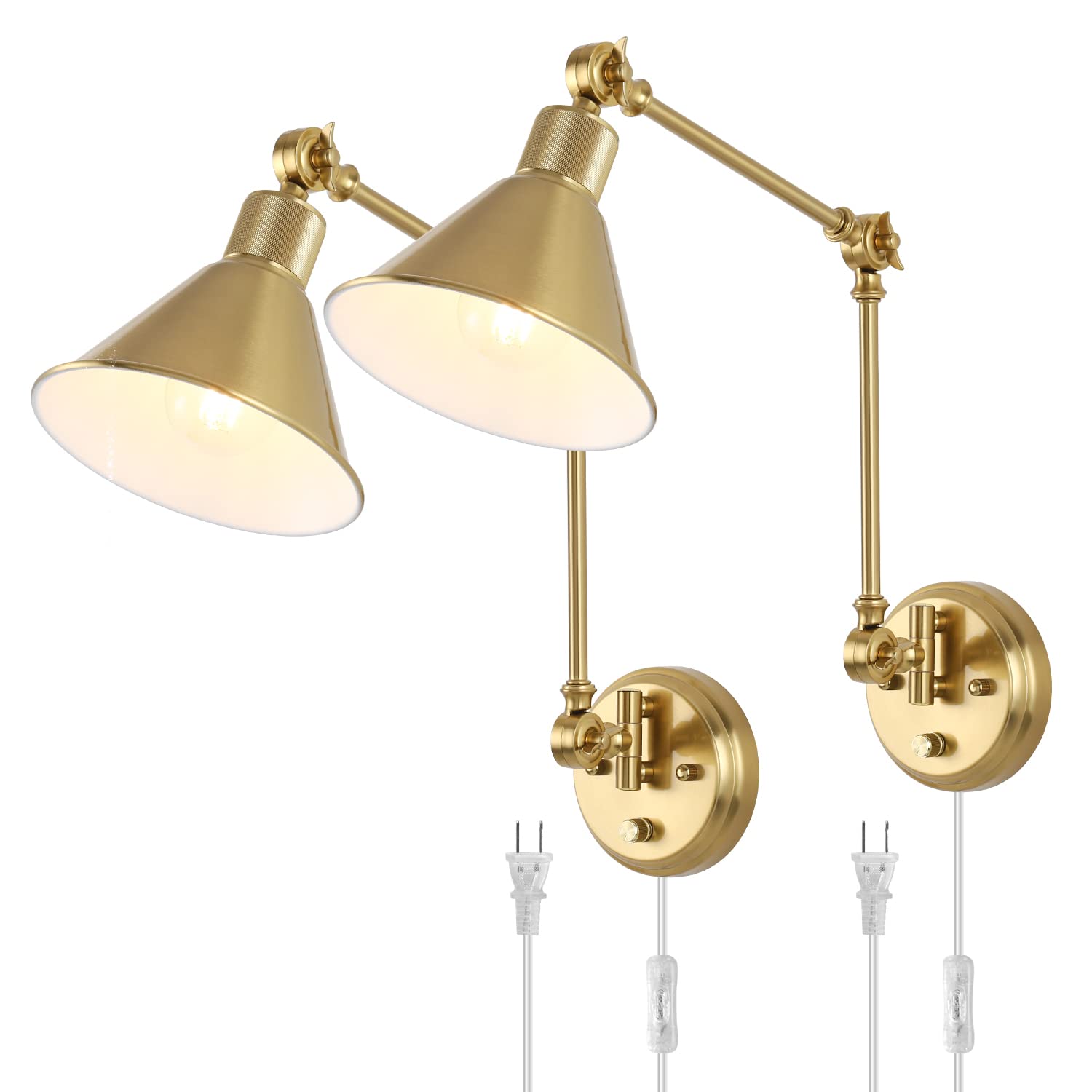 TRLIFE Wall Sconces, Dimmable Brass Swing Arm Lights, 2 Pack, Gold, E26 Base, UL Listed, Model Two-ArmsBr-01-2P