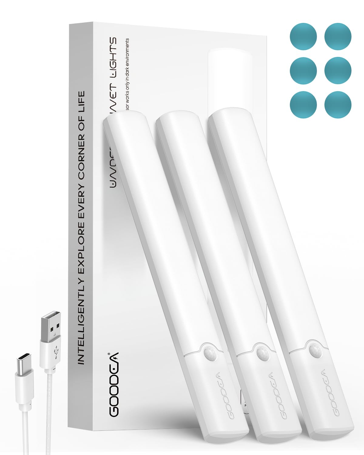 Goodea LED Motion Sensor Under Cabinet Lights, Wireless, Rechargeable, Dimmable, 3 Pack, White Light, Model GDCL019