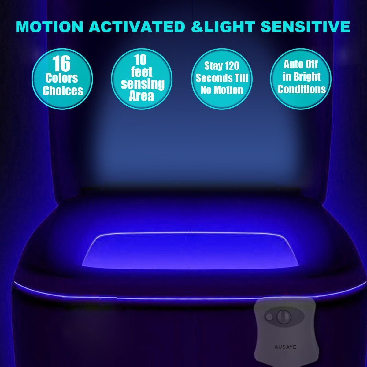 AUSAYE Toilet Night Light, 16 Color Changing, Motion Sensor, 2 Pack, Plastic