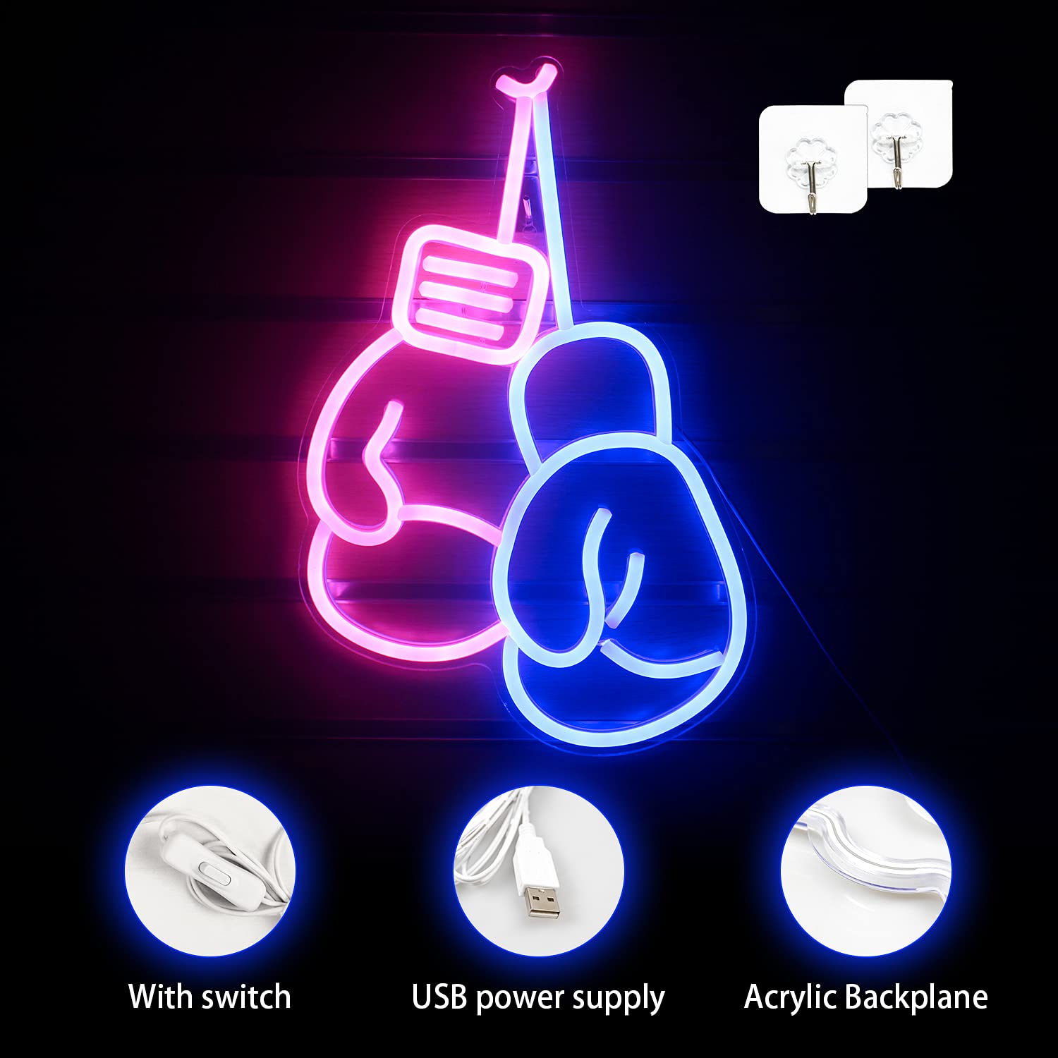 LUCUNSTAR Boxing Gloves Neon Light Sign, Acrylic, USB/Switch, Pink Blue, Model NS-DC-009, Gym Wall Decoration