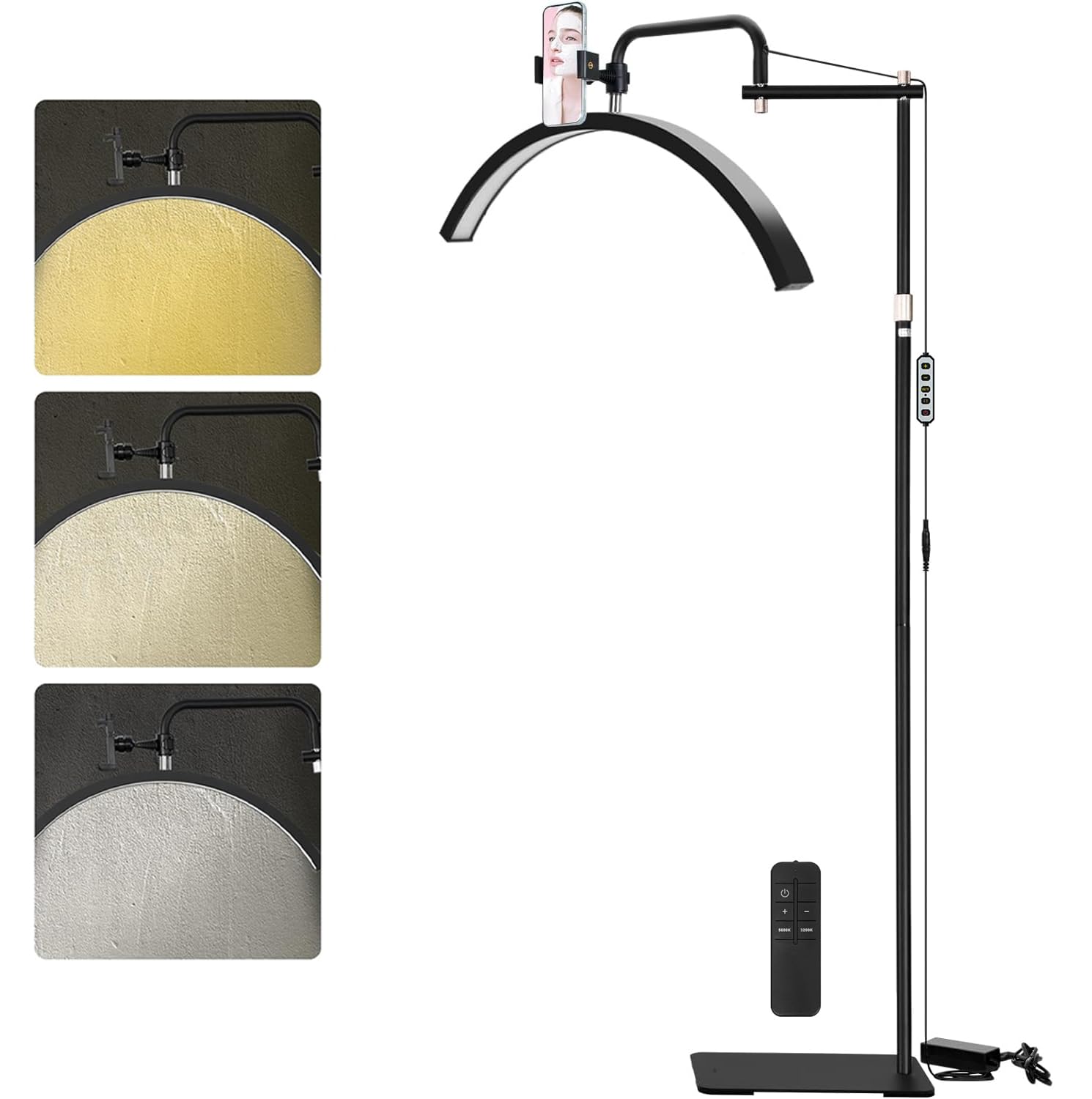 Mkpaei Lash Light For Eyelash Tech - Led Half Moon Light For Tattoo Artists, Esthetician Lights For Eyelash Extensions - Adjustable Brightness & Height, Warm To Cool Floor Lash Lamp With Phone Holder