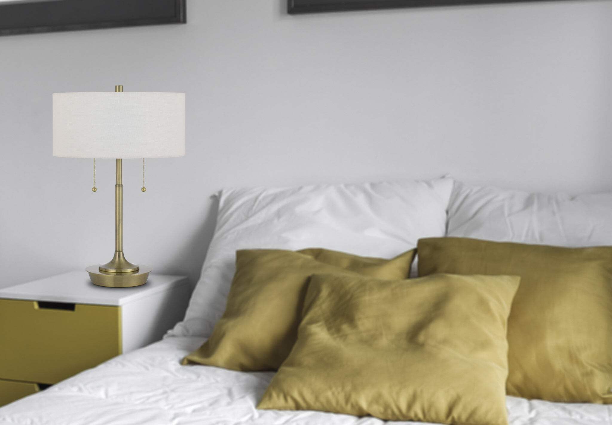 HomeRoots Two Light Table Lamp, Antiqued Brass Metal, White Drum Shade, Model 524727, 20 in.