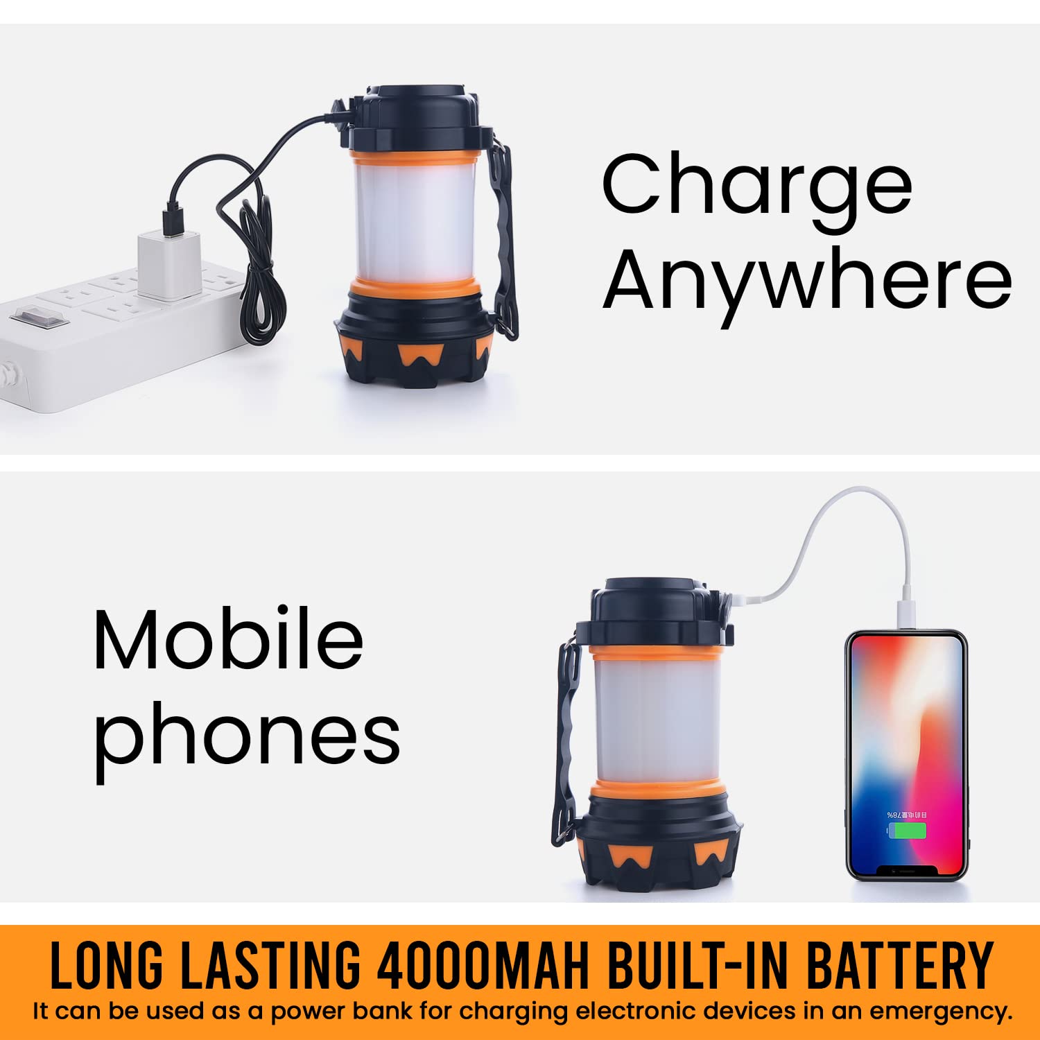 AYL LED Camping Lantern 1000 Lumens Rechargeable Flashlight IPX4 Waterproof Orange Model AYL500 for Emergency and Outdoor Use