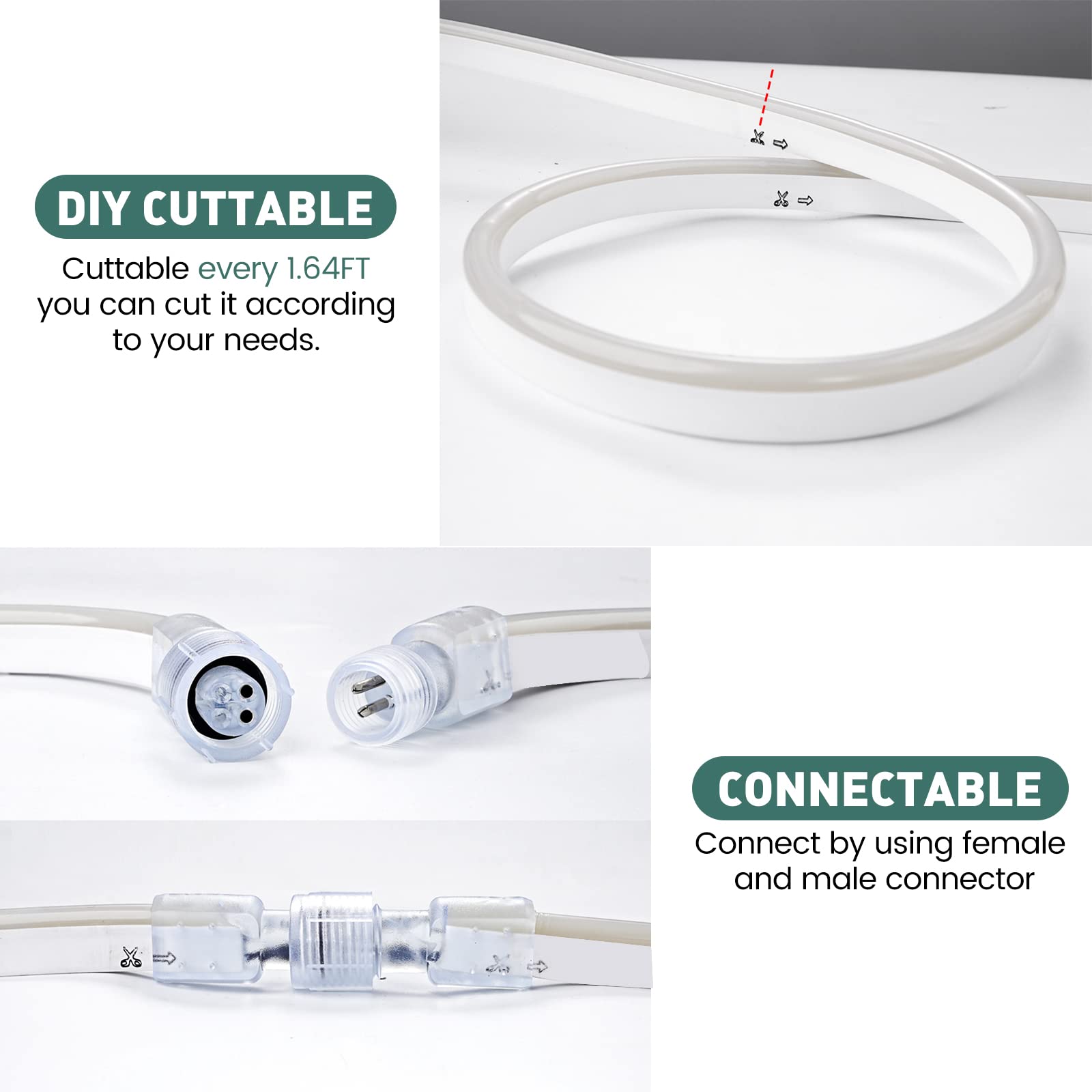 Gzbtech Flexible Led Neon Rope Lights 50Ft Ac 110-120V Waterproof Strip Light  120 Leds/M Cuttable Connectable Neon Lighting For Indoor Outdoor Home Decor/Commercial Building Use-Cold White 15M
